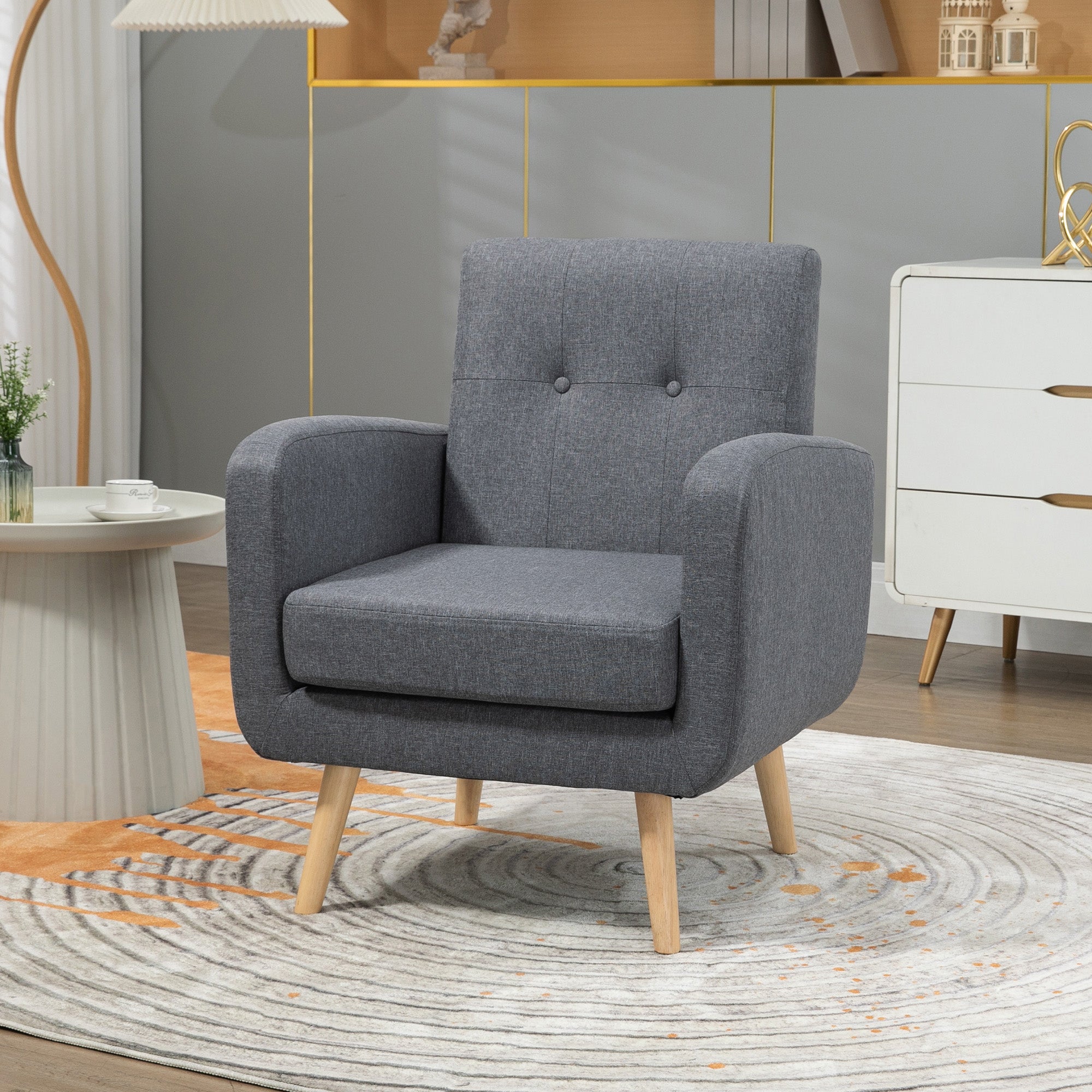 HOMCOM Sessel im Skandi-Design, Akzentsessel, Knopfheftung, Natur + Hellgrau