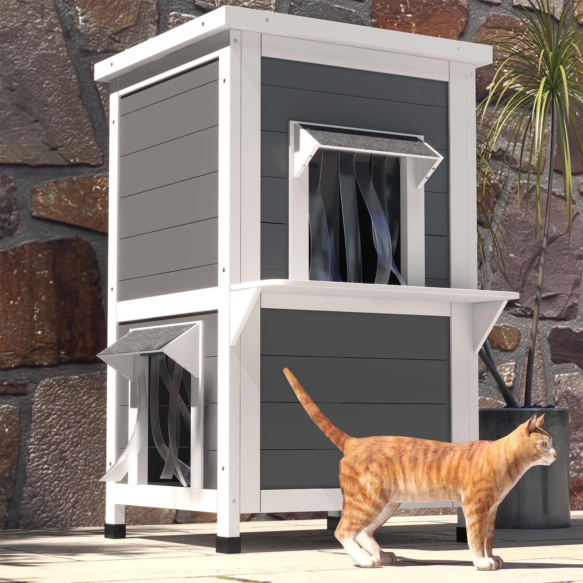 PawHut Katzenhaus, Katzenhütte, Outdoor, Wetterbeständig, 60 cm x 60 cm x 81.5cm, Weiß + Grau
