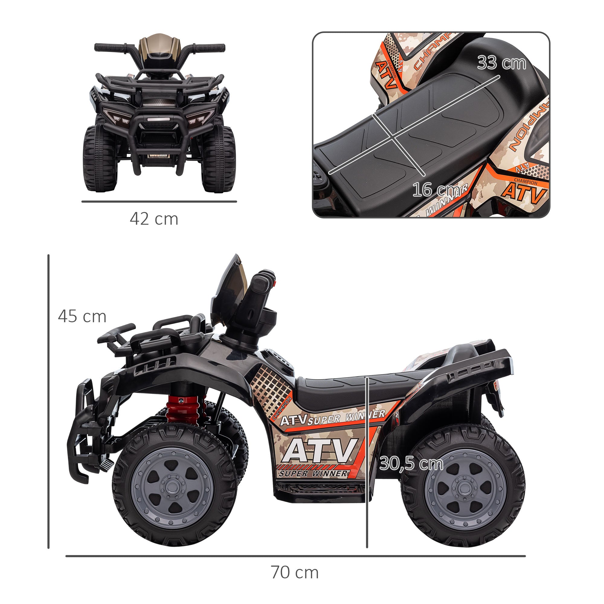 HOMCOM Kinder Quad Elektro 6V Kinderquad mit Vorwärtsfunktion, Musik, Elektro-Quad für Kinder 1,5-3 Jahre Schwarz