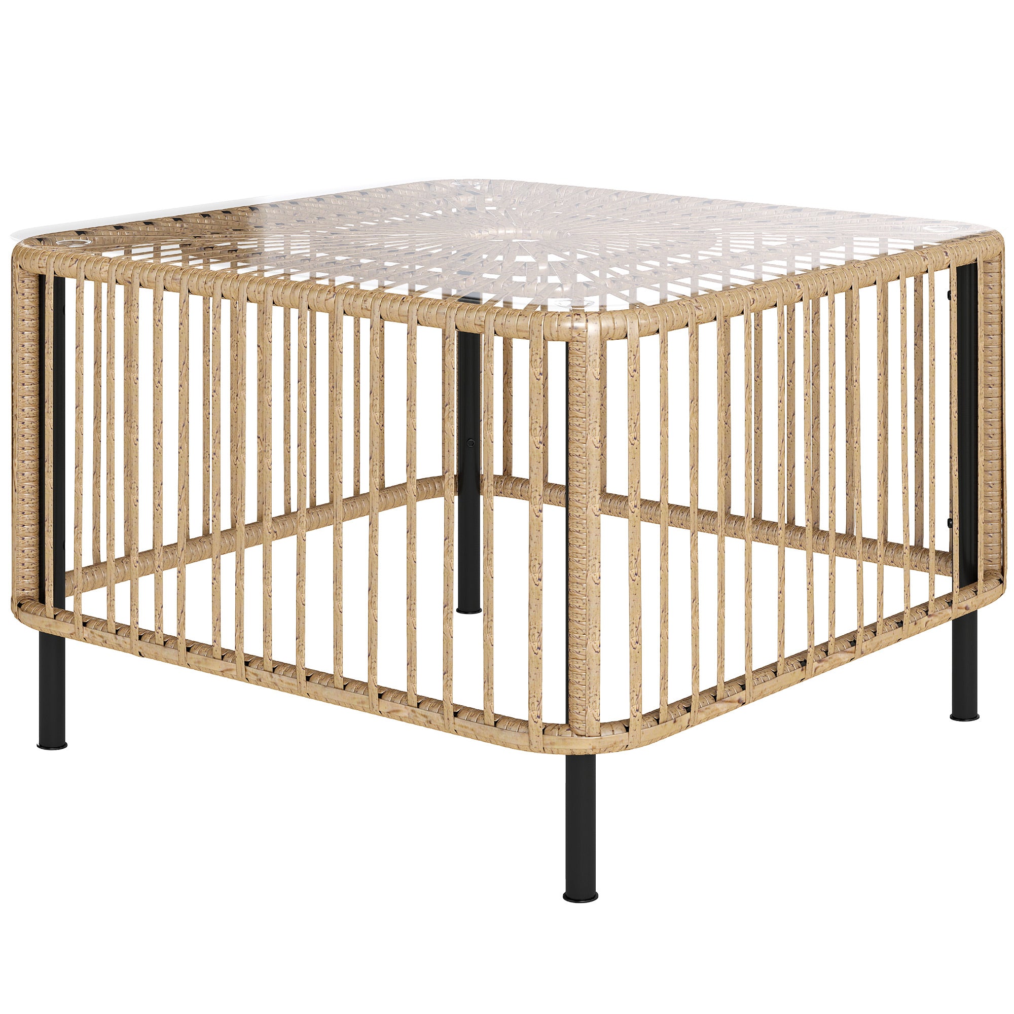 Outsunny Polyrattan Gartentisch, 65 x 65 x 43 cm, wetterfest Beistelltisch quadrarisch mit Glasplatte Naturholz