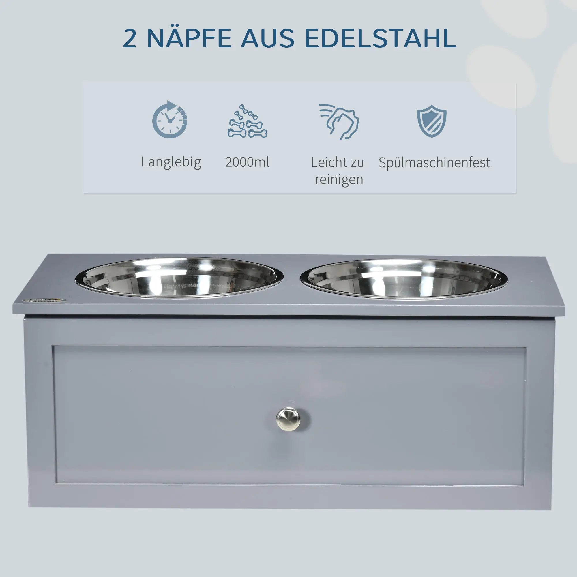 PawHut Futterstation, 2 Fressnäpfe je 2 Liter, Edelstahl, mit Schublade, für mittlere Hunde, grau, 60 x 30 x 24cm