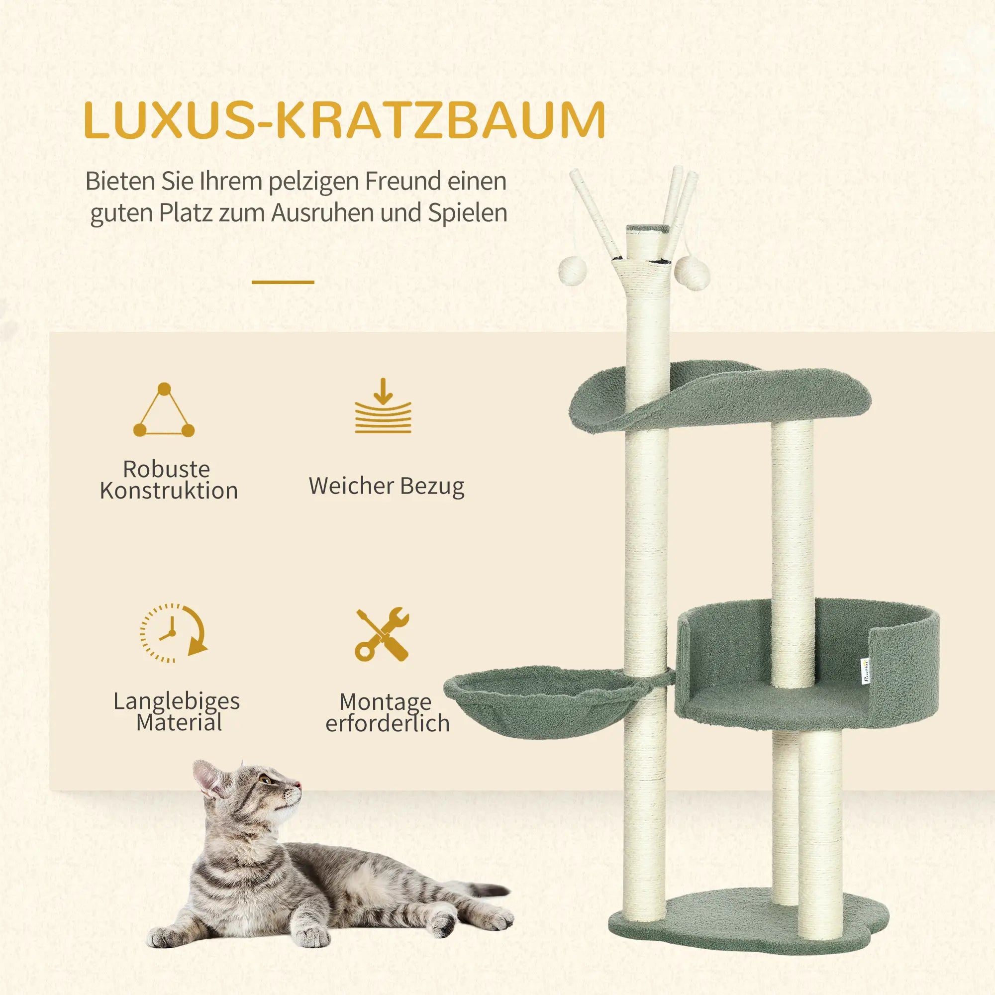 PawHut Kratzbaum Katzenbaum mit Liegekorb und Spielbällen