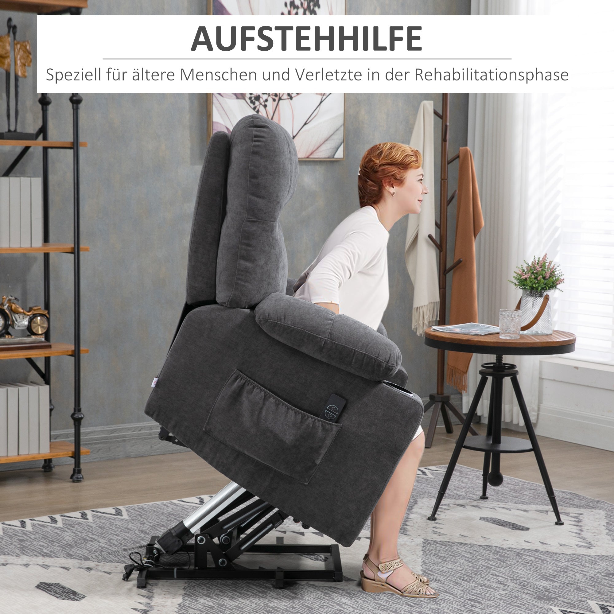 HOMCOM Aufstehhilfe Seniorensessel, Liegefunktion, inkl. Fernbedienung, 144 cm x 91 cm x 88 cm, Dunkelgrau
