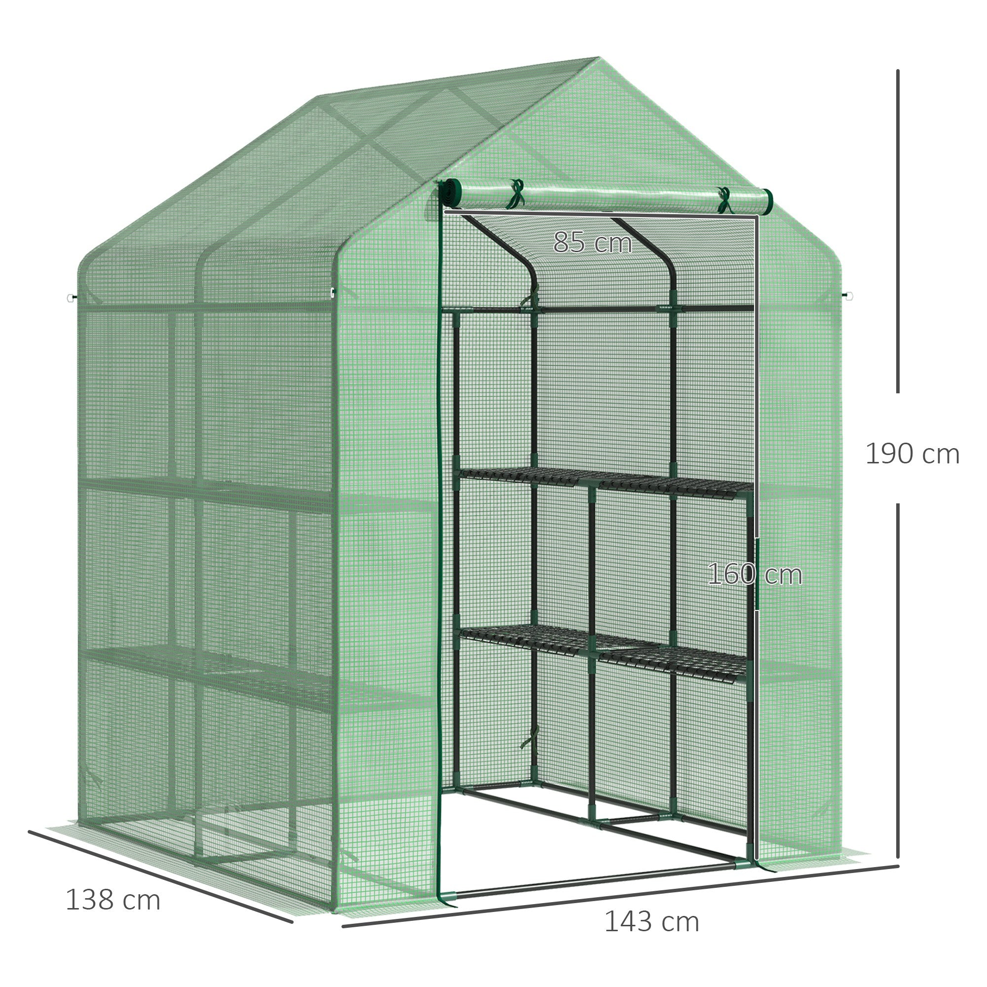 Outsunny Foliengewächshaus begehbares Gewächshaus mit 8 Regalebenen Tomatengewächshaus Treibhaus Frühbeet mit Tür Grün Stahl PE-Kunststoff 143 x 138 x 195 cm
