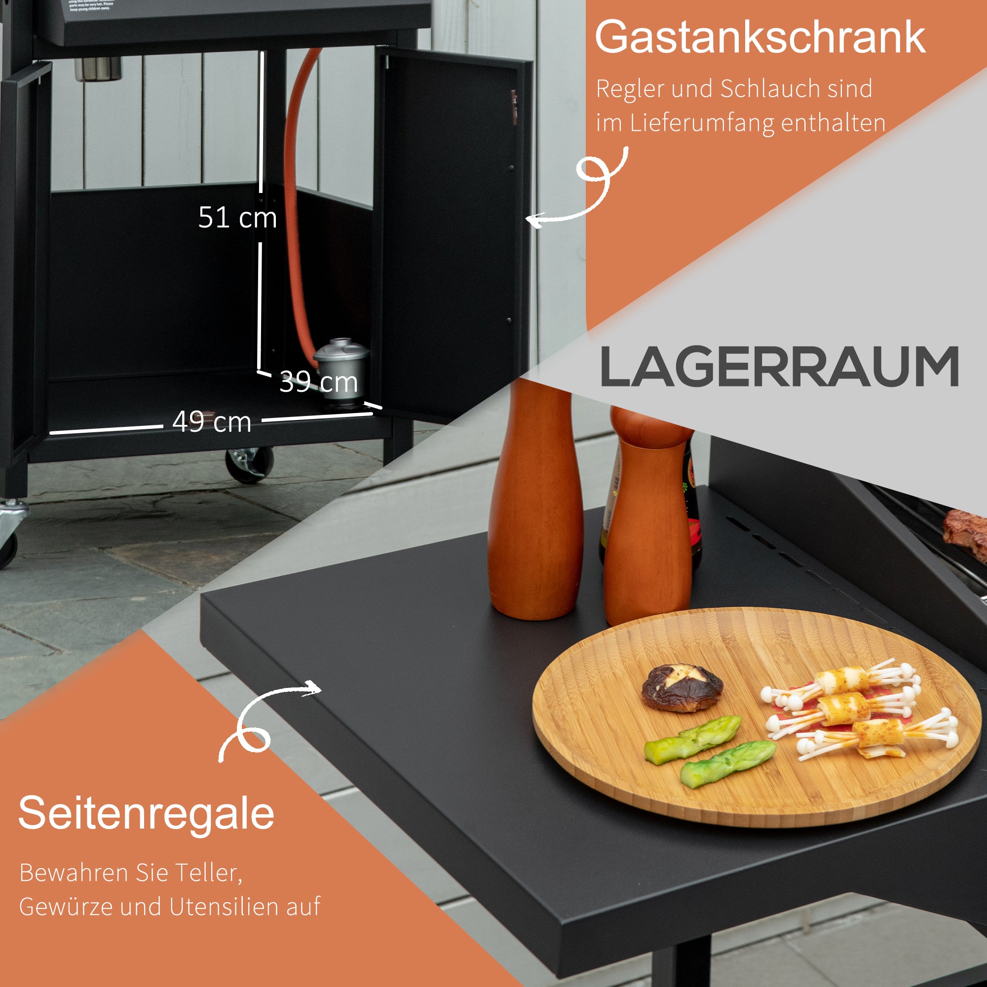 Outsunny Gasgrill, BBQ-Grill mit 3 Brennern je 2,9 kw, 4 Räder, Schwarz
