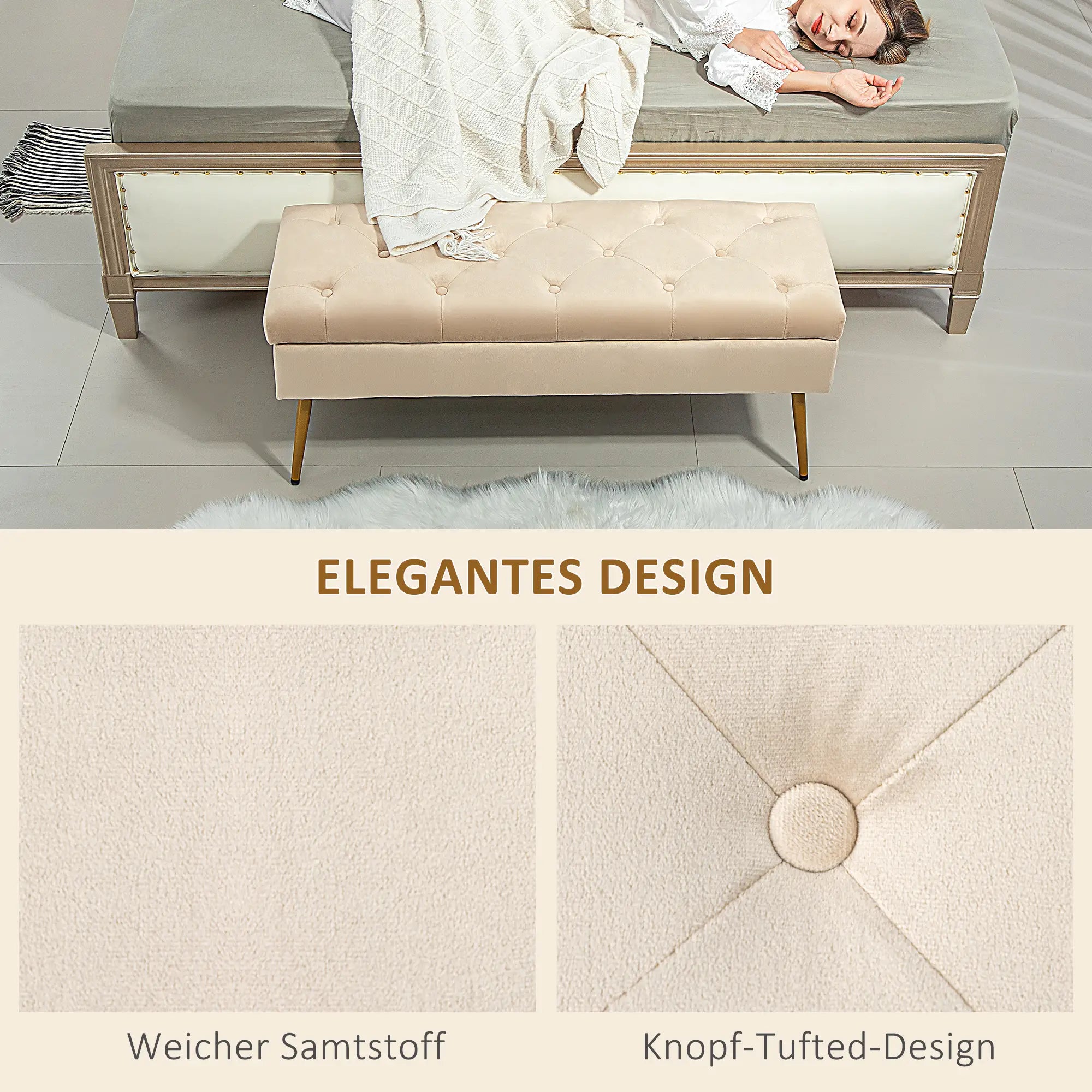 HOMCOM Stauraum-Sitzbank in Samtoptik, gepolsterter Fußhocker mit getuftetem Design, Metallrahmen, 102 x 35 x 43 cm, Beige