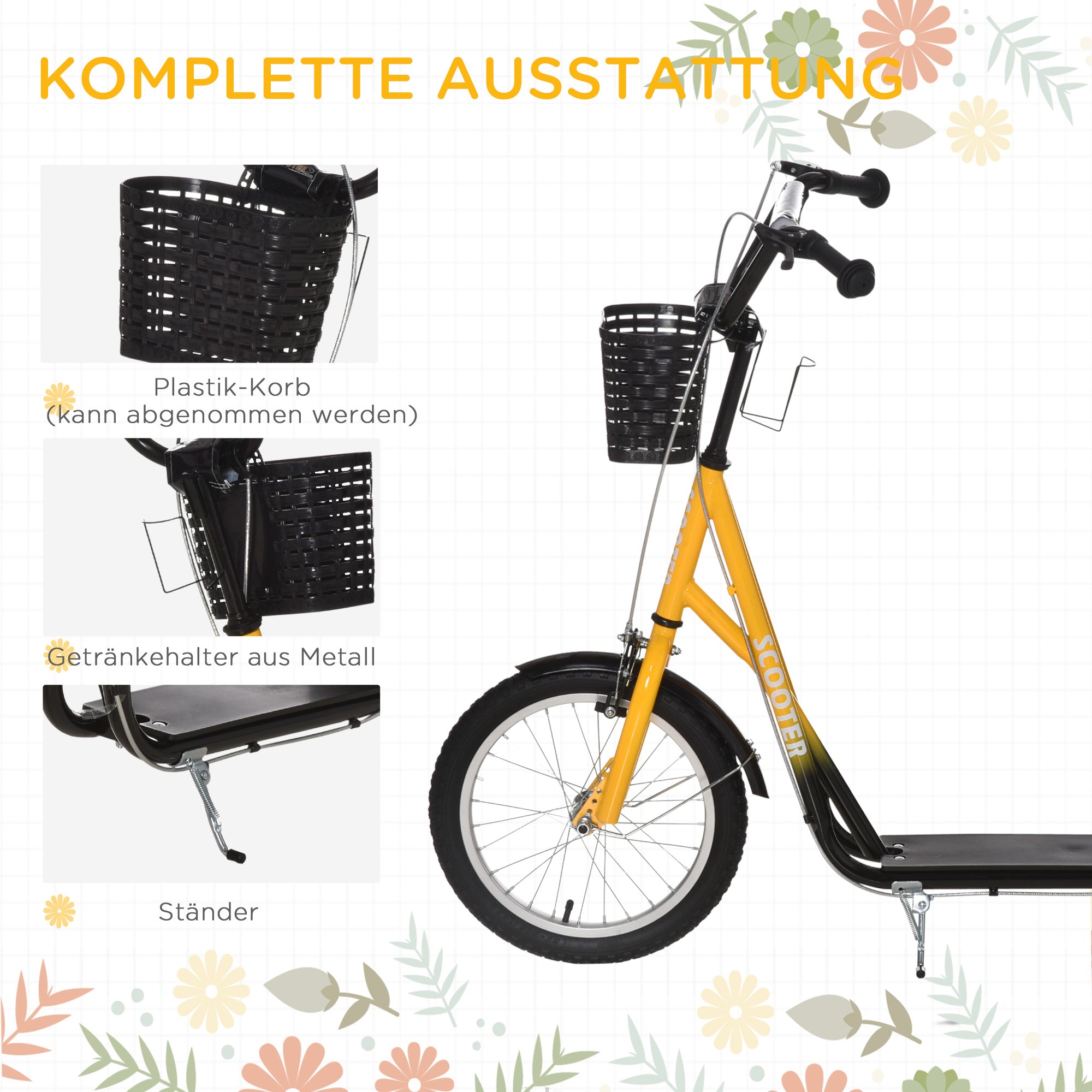 HOMCOM Kinder-Tretroller, höhenverstellbar, rutschfest, Stahlrahmen, abnehmbarer Korb, Bremsen, Gummireifen