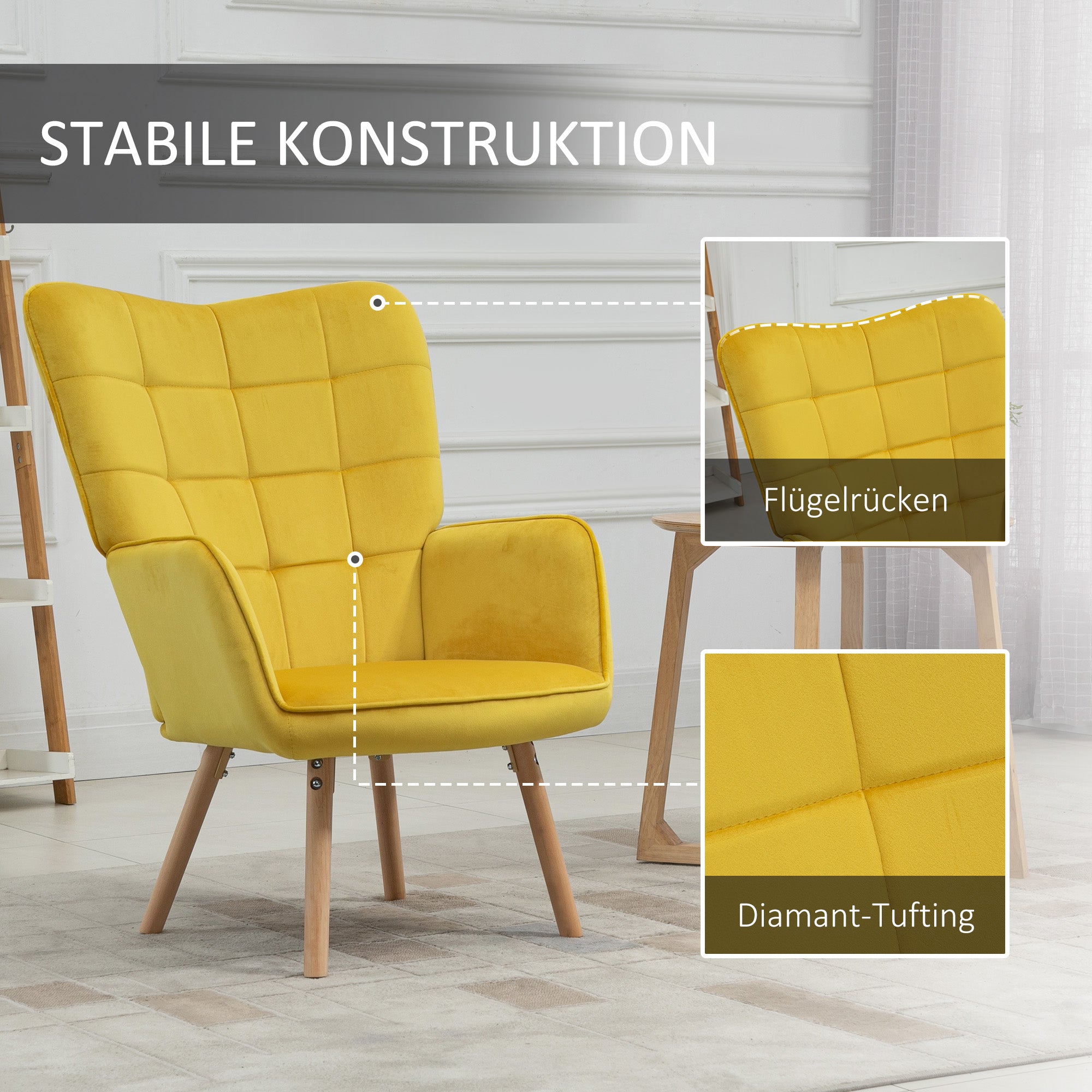 HOMCOM Wohnzimmerstuhl, Einzelsessel mit Rückenlehne, samtartiges Polyester, Schaumstoff, Buchenholz, 71 x 76 x 101 cm, Grau