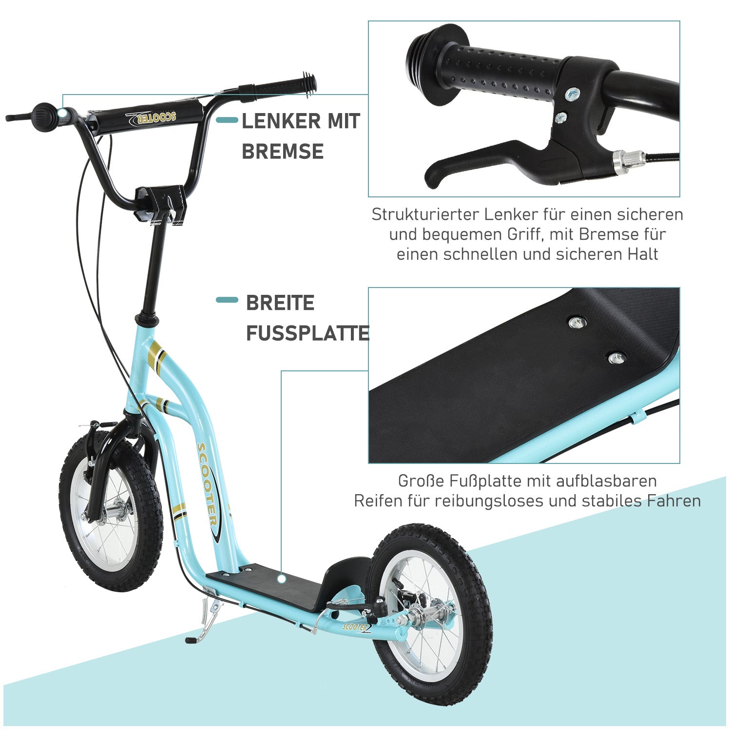 HOMCOM Kinderroller ab 5 Jahre, Tretroller, Cityroller für Kinder, Aluminium, 120 x 58 x 85-95 cm, Hellblau