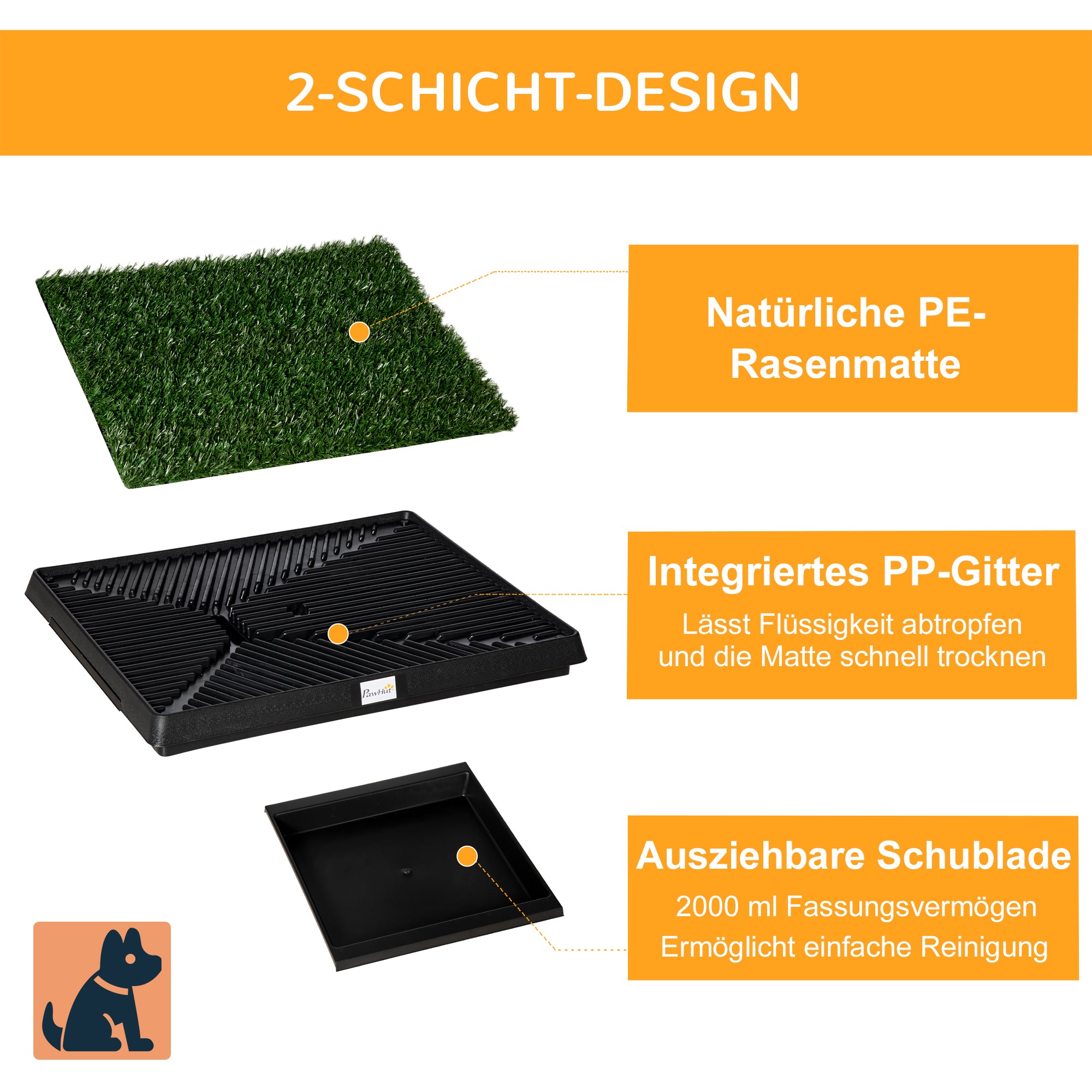 PawHut Hundetoilette mit Gras 63 x 51 cm Hundeklo Trainingsunterlage mit herausnehmbarer Schublade, Welpentoilette für Kleine Hunde Grosse Hunde ältere