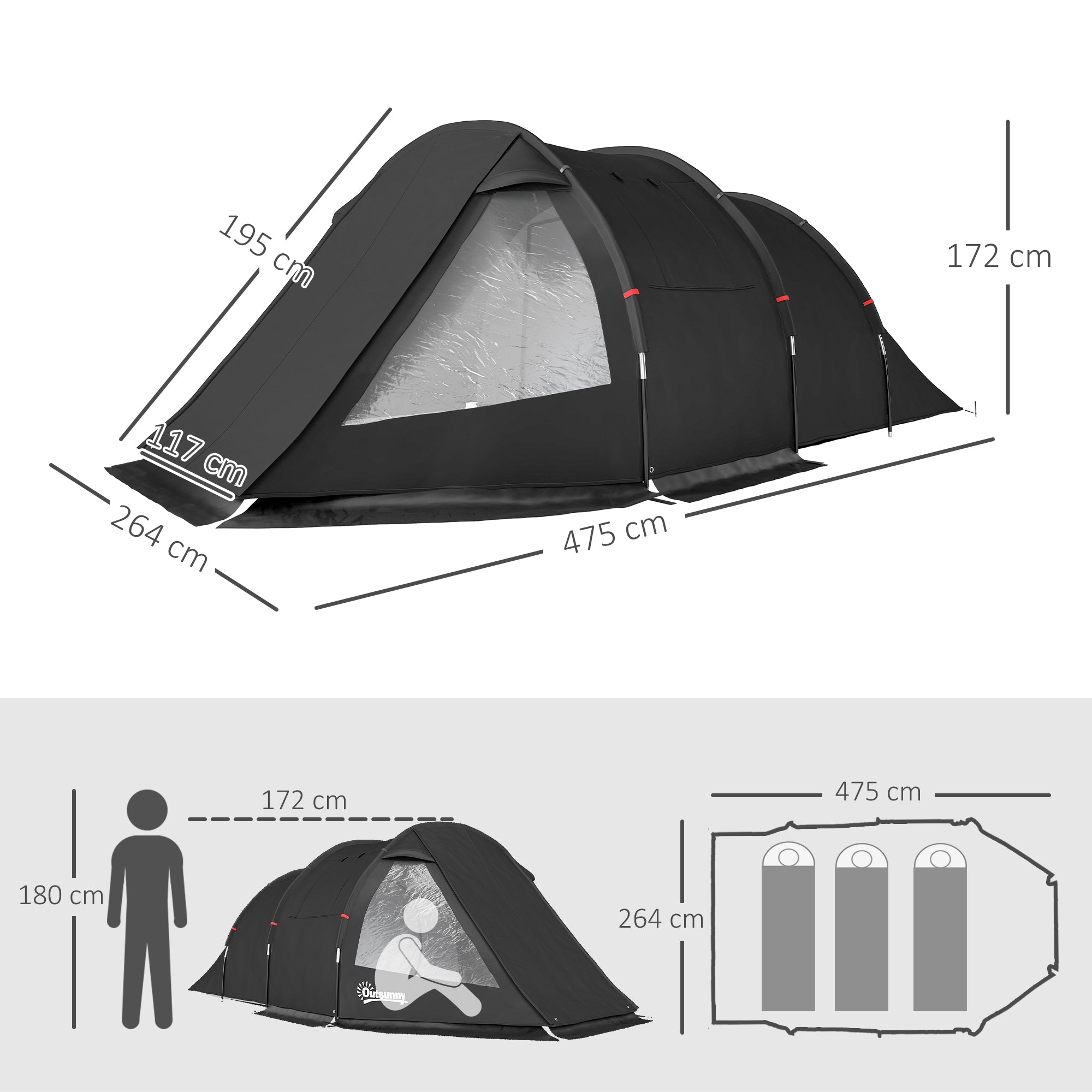 Outsunny Campingzelt Trekkingzelt Zelt, wetterbeständig, 2 Räume, 475 x 264 cm Breite x 172, Schwarz