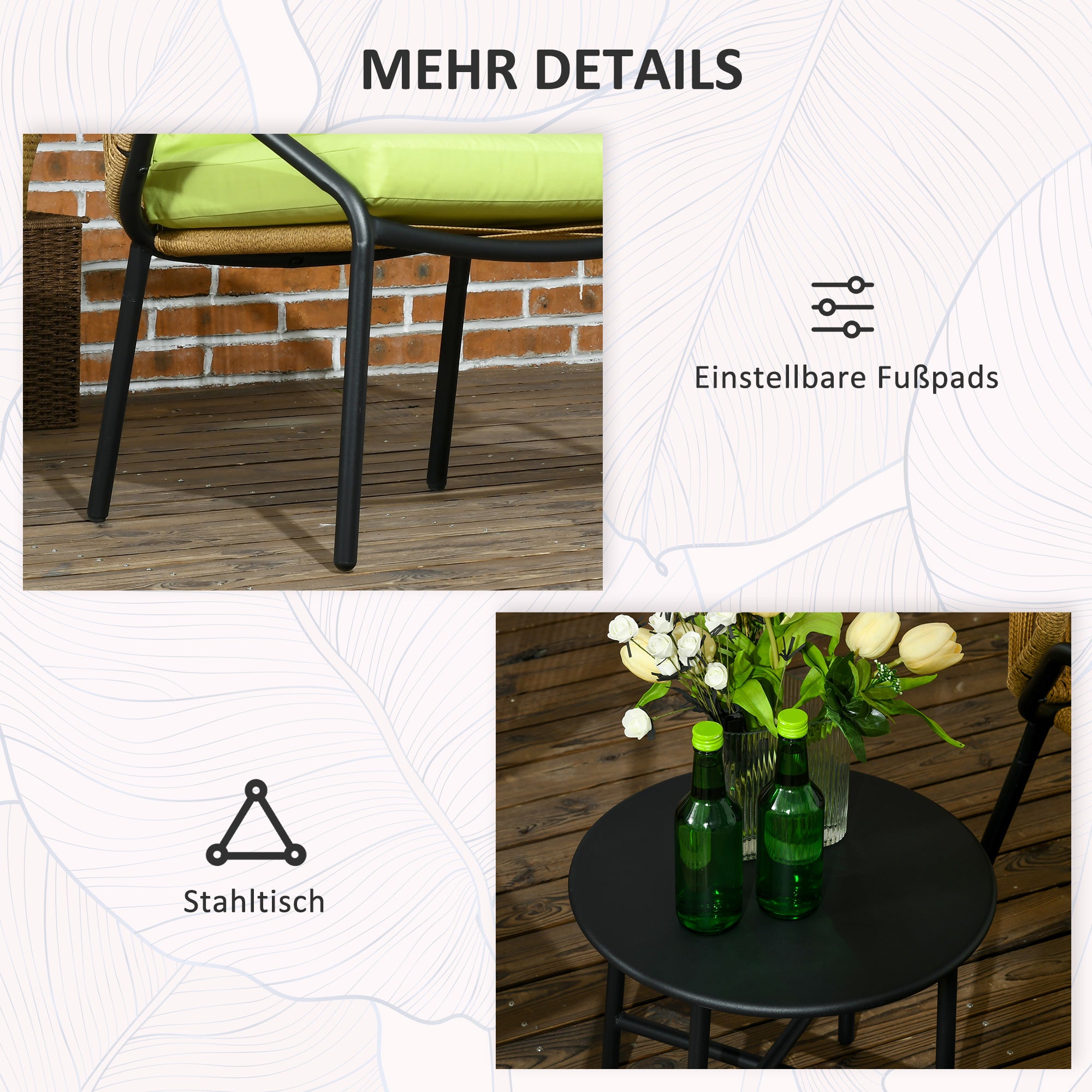 Outsunny Rattan Terrassengarnitur, 3-teilig, Sitz- und Rückenkissen, Kunstrattan, Metallrahmen, Grün