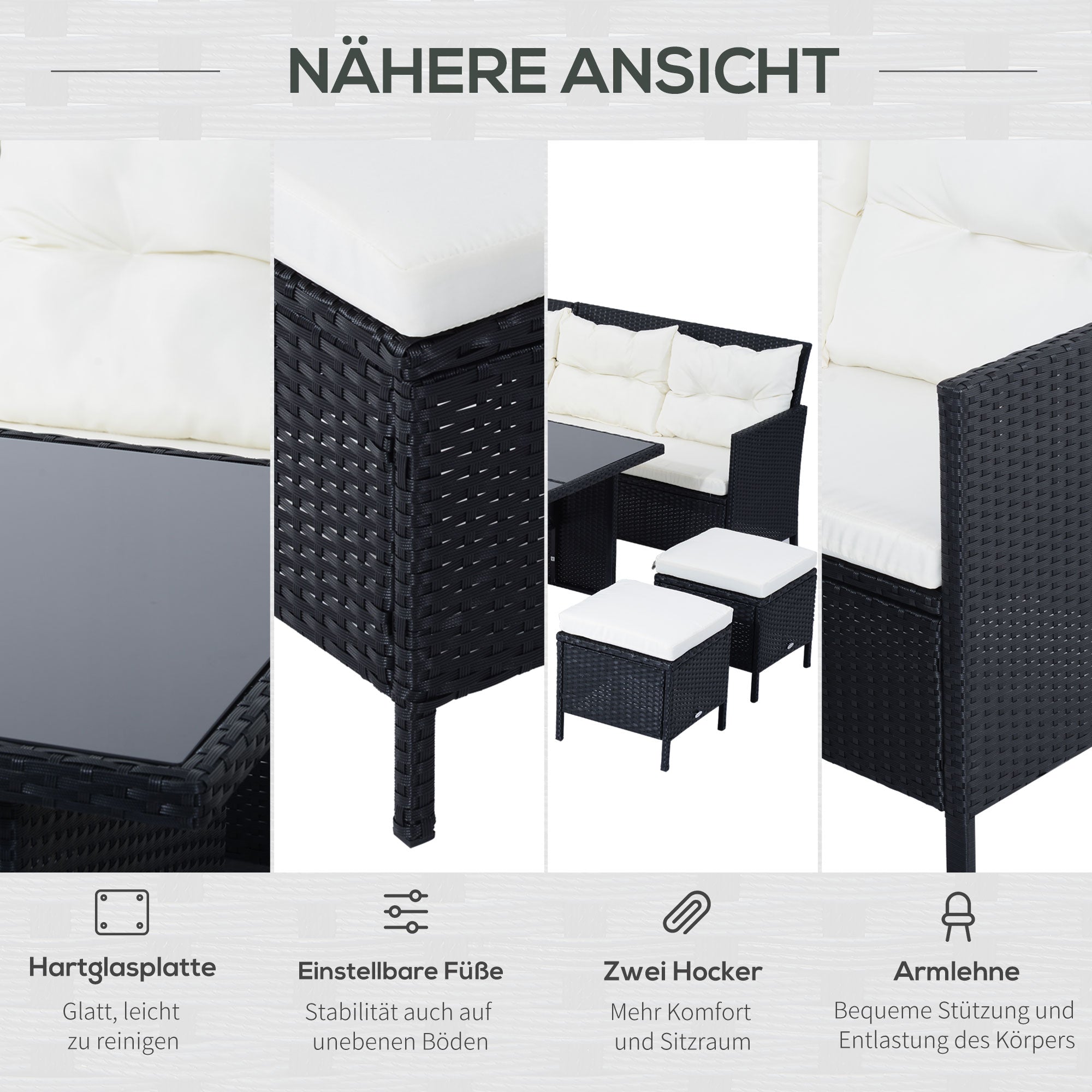 Outsunny Gartenmöbel-Set aus PE-Rattan für 7 Personen, abnehmbare Polster, Cremeweiß + Schwarz