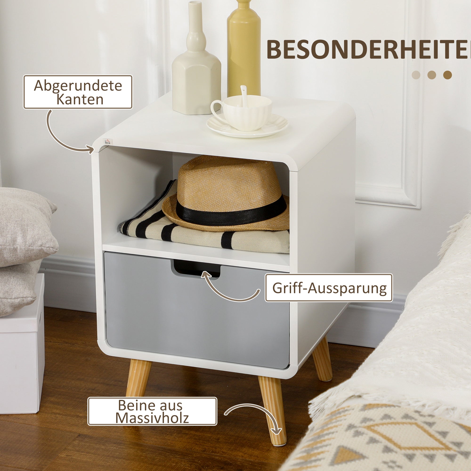 HOMCOM Nachttisch, skandinavisches Design, große Schublade, wasserfeste Lackierung, 40 x 38 x 58 cm, Weiß