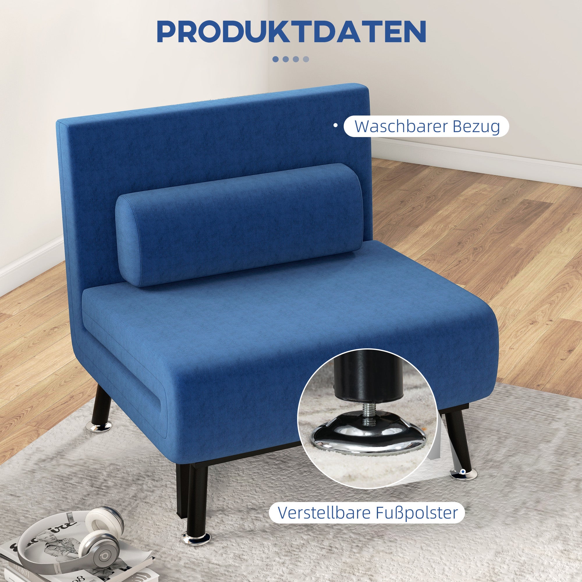 HOMCOM Klappsessel mit Bettfunktion, klappbarer Relaxsessel in Leinenoptik, Verstellbare Rückenlehne, 75x70x75 cm, Dunkelblau