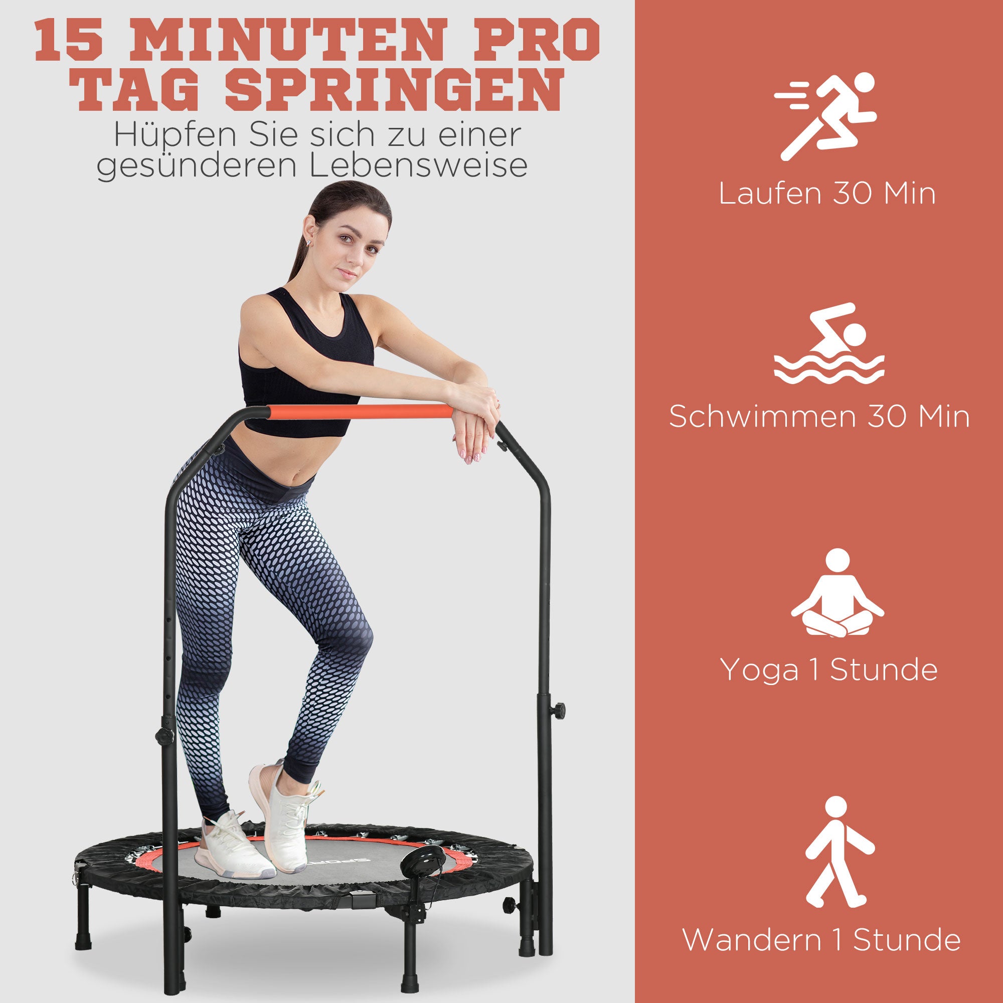 SPORTNOW Mini-Trampolin, mit höhenverstellbarem Haltegriff, LCD-Monitor, Stahl, schwarz+rot, Ø102 x 99-123cm