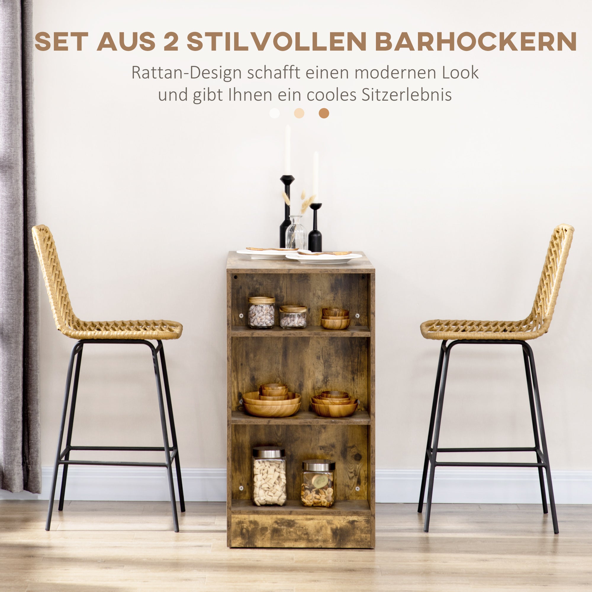 HOMCOM 2er Set Barhocker mit Lehne Barstühle im Boho-Design, PE-Rattan, inkl. Fußtstütze, 42,5 cm x 52 cm x 102 cm, Gelb + Schwarz