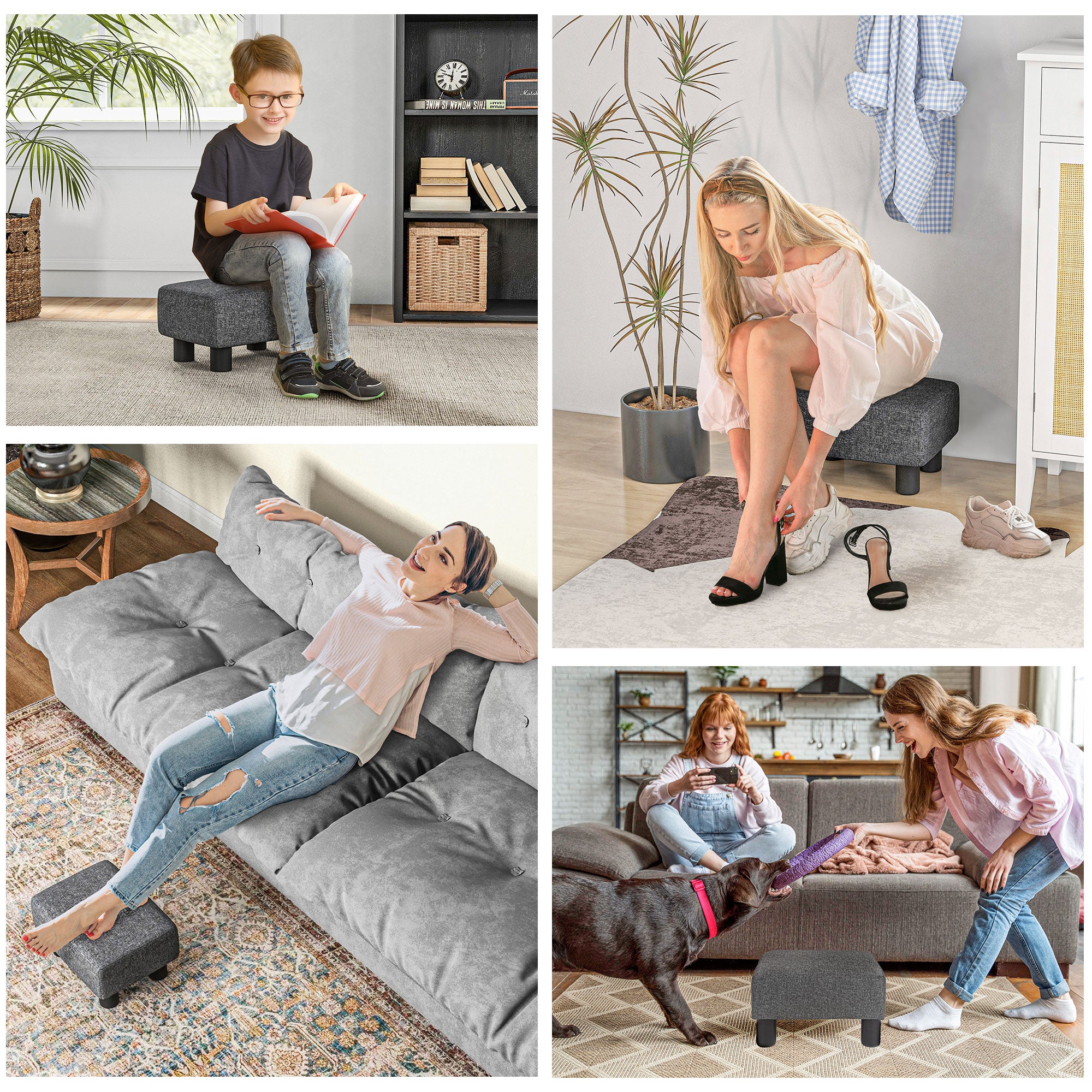 HOMCOM Fußhocker, Sitzhocker mit leinenartigem Stoffbezug, Schaumstoff-Füllung, Kunststoffbeine, für verschiedene Räume, Grau