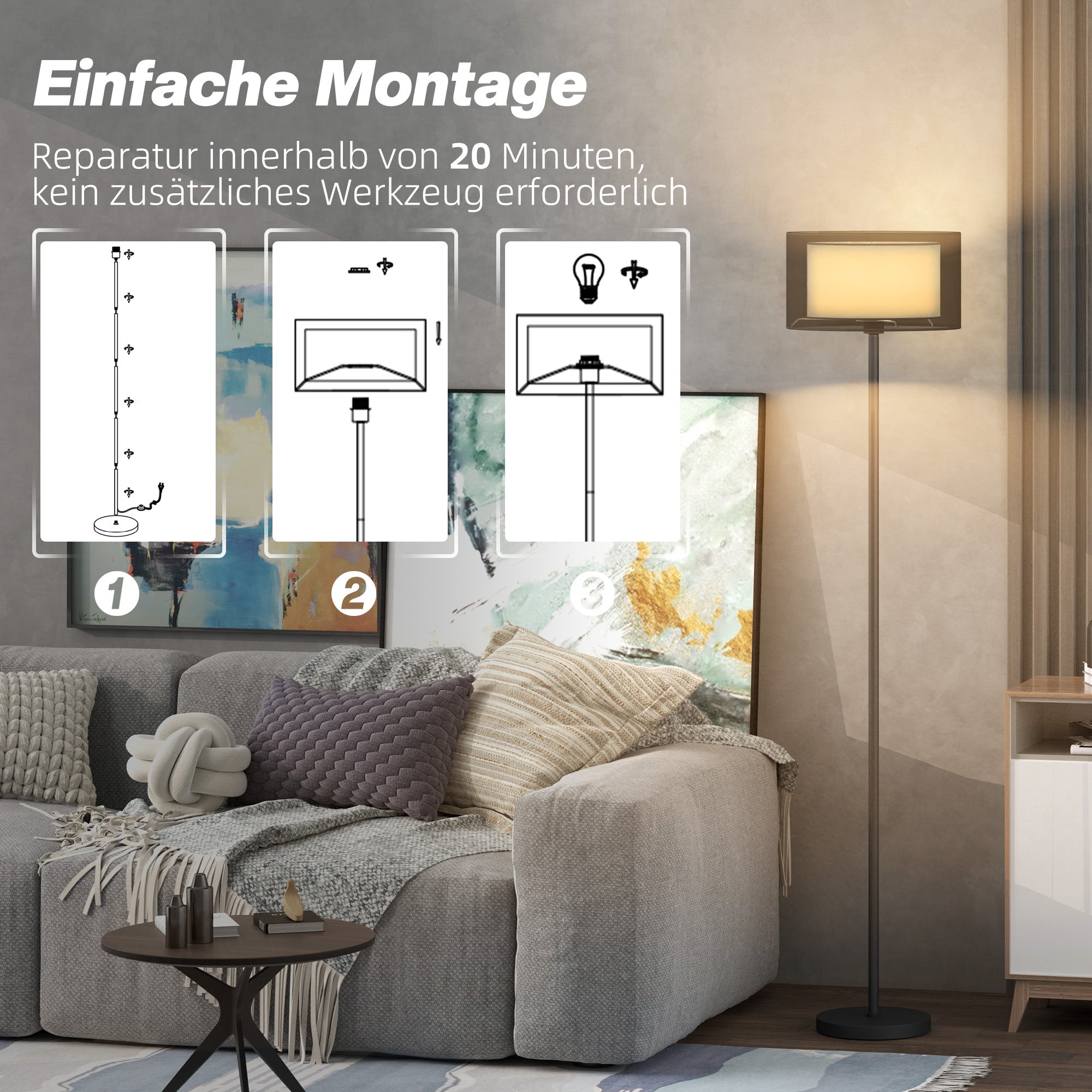 HOMCOM Stehlampe, zweifarbiger Lampenschirm, Fußschalter, Metall, Schwarz