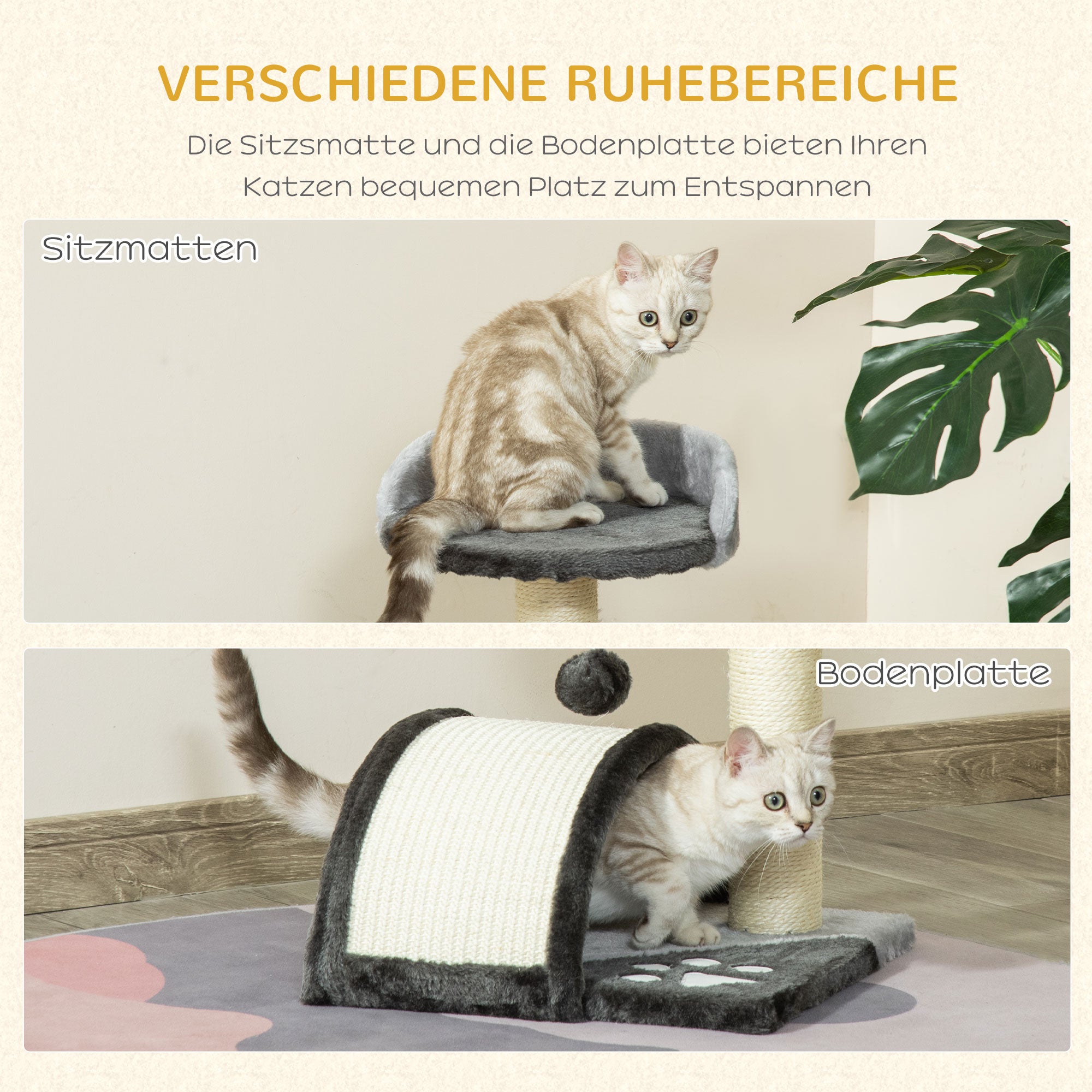PawHut Kratzbaum Katzenbaum mit Spielbällen Katzenkratzbaum Sisalseil-Kratzstangen Grau 35,5 x 37 x 46 cm
