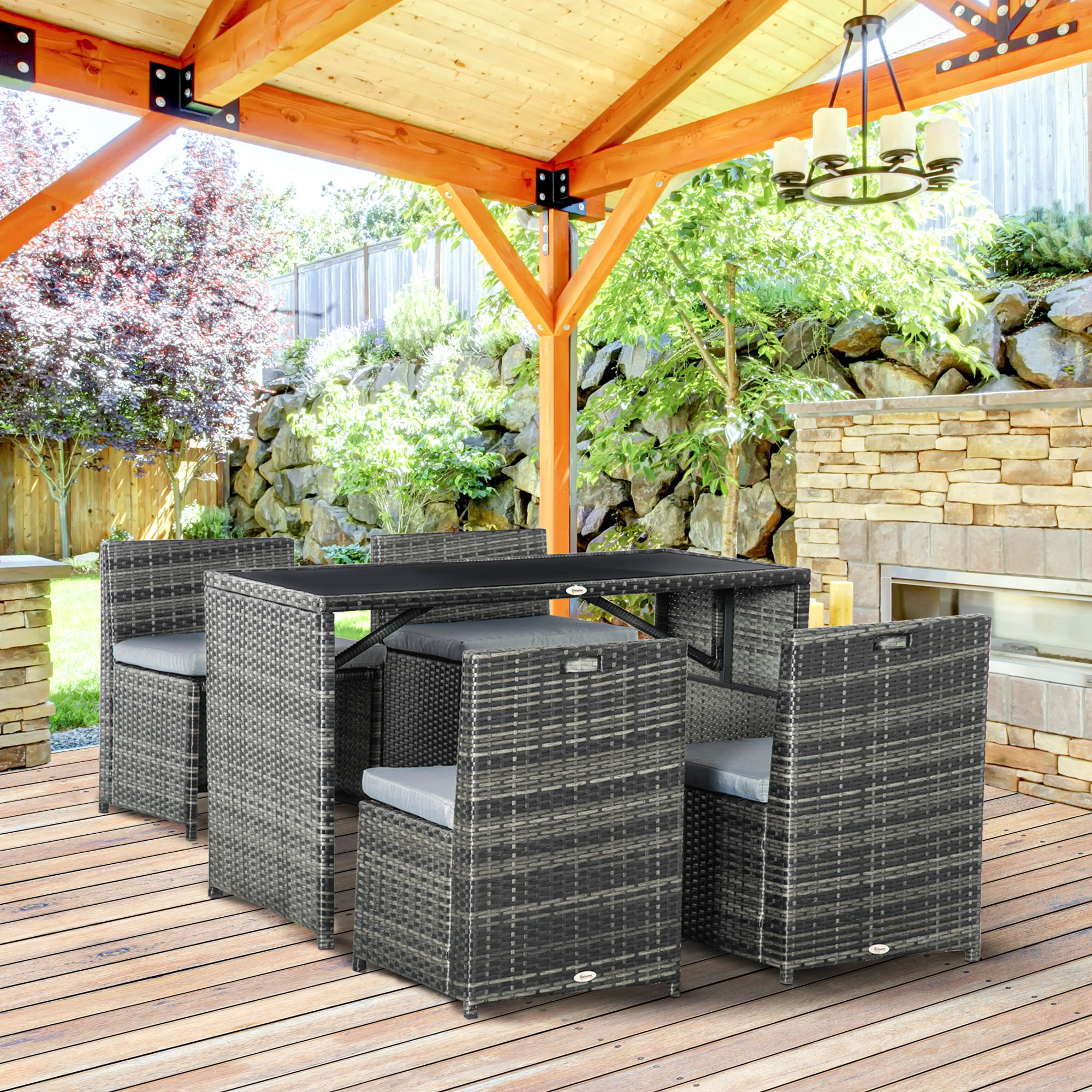 Outsunny Gartenmöbelset für 4 Personen, 4 Stühle & 1 Tisch, inkl. Sitzauflagen, Polyrattan, rostfreier Stahlrahmen, Grau