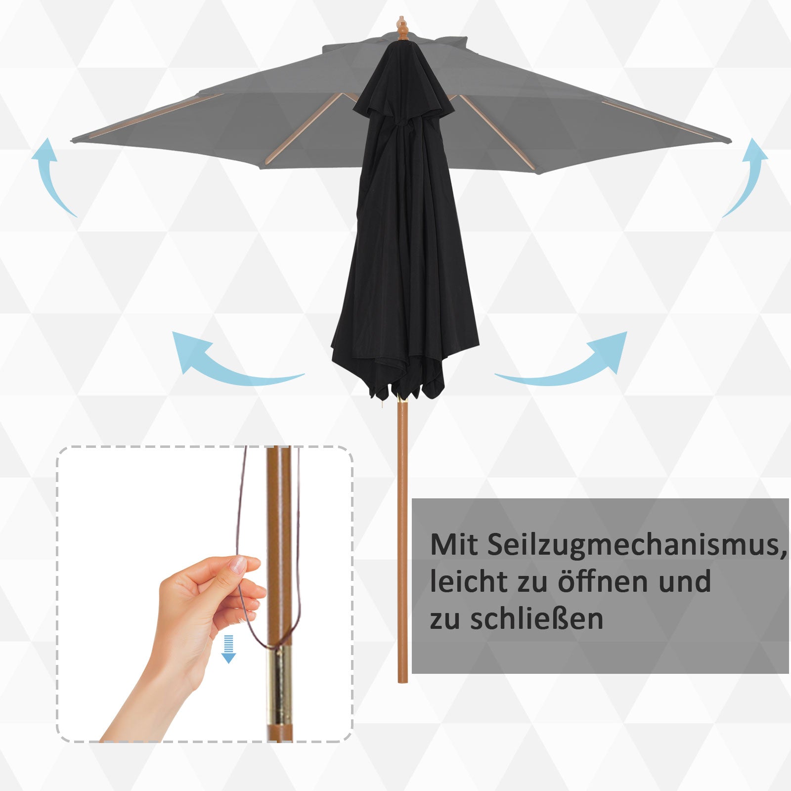 Outsunny Sonnenschirm Ø 250 cm, Sonnenschirm mit Seilzugmechanismus Balkonschirm Strandschirm aus Bambus windfest Marktschirm Sonnenschutz für Balkon Terrasse Garten, Schwarz