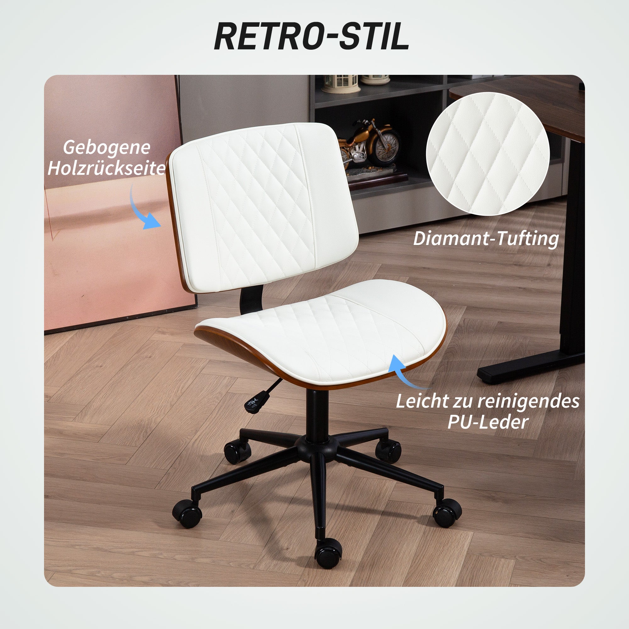 HOMCOM Bürostuhl Höhenverstellbarer Schreibtischstuhl mit Rolle, Diamantsteppung 52 x 53 x 80-90 cm Weiß