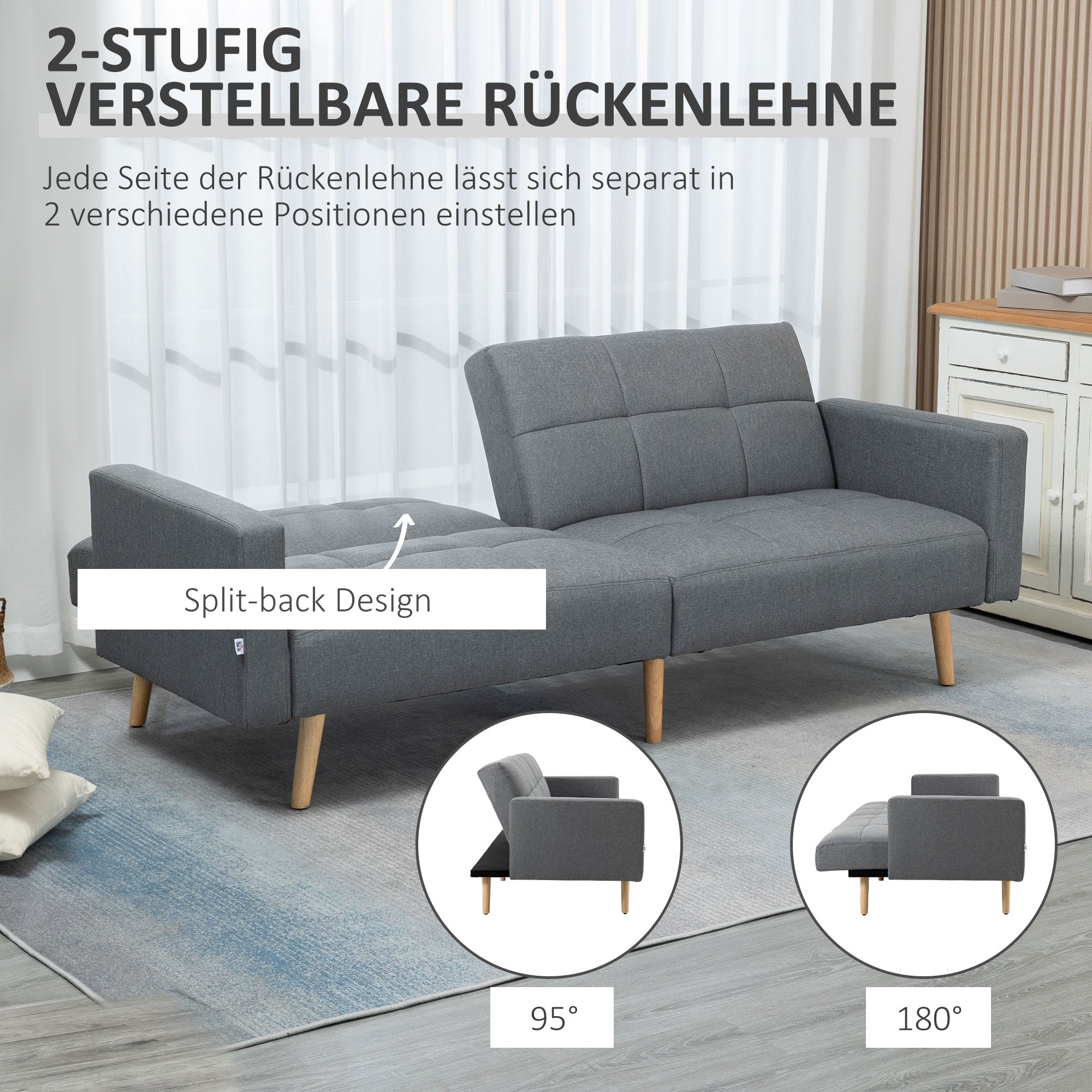 HOMCOM 2 in 1 Schlafsofa 205 x 88 cm Sofa mit Bettfunktion, Couch mit Sitzkissen, Leinenoptik Grau