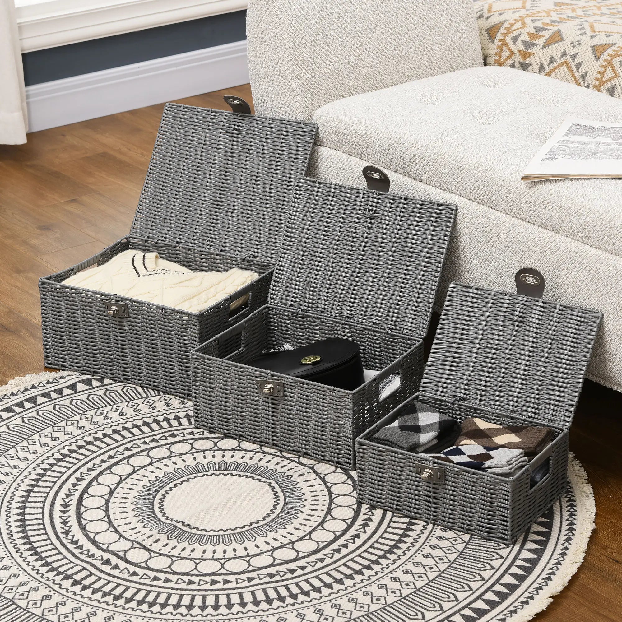 HOMCOM 3er-Set Aufbewahrungskörbe aus PE- Rattan, mit Verschluss, Tragegriffen, 35,5 cm x 28,5 cm x 18 cm, Grau