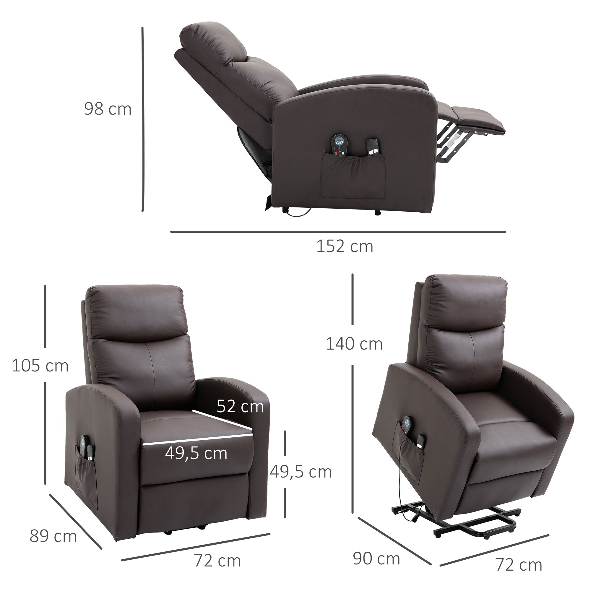 HOMCOM Massagesessel mit Aufstehhilfe, Relaxsessel, Liegesessel, Kopfstütze, 8 Vibrationspunkte, 2 Fernbedienungen, Braun