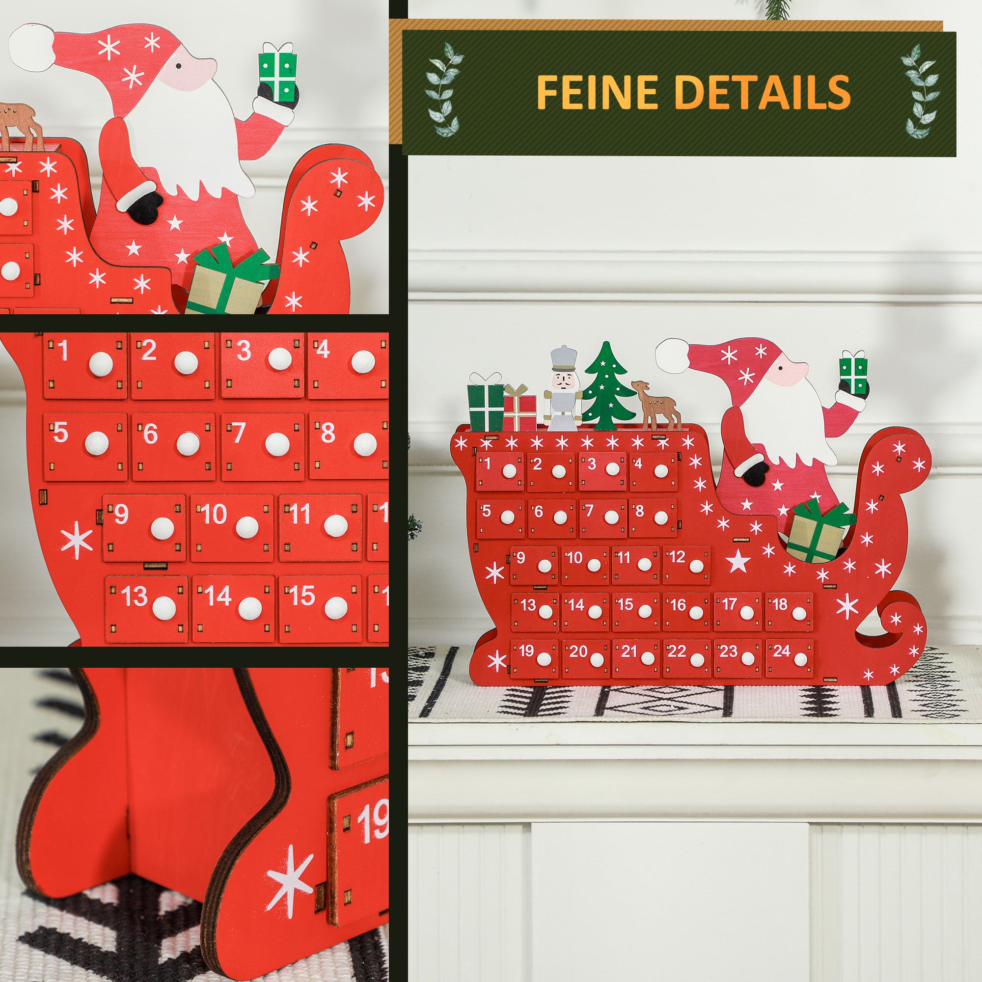 HOMCOM Adventskalender Weihnachtsmann mit Schlitten, 24 Fächer, wiederverwendbar, 22,5x8x36 cm, Rot