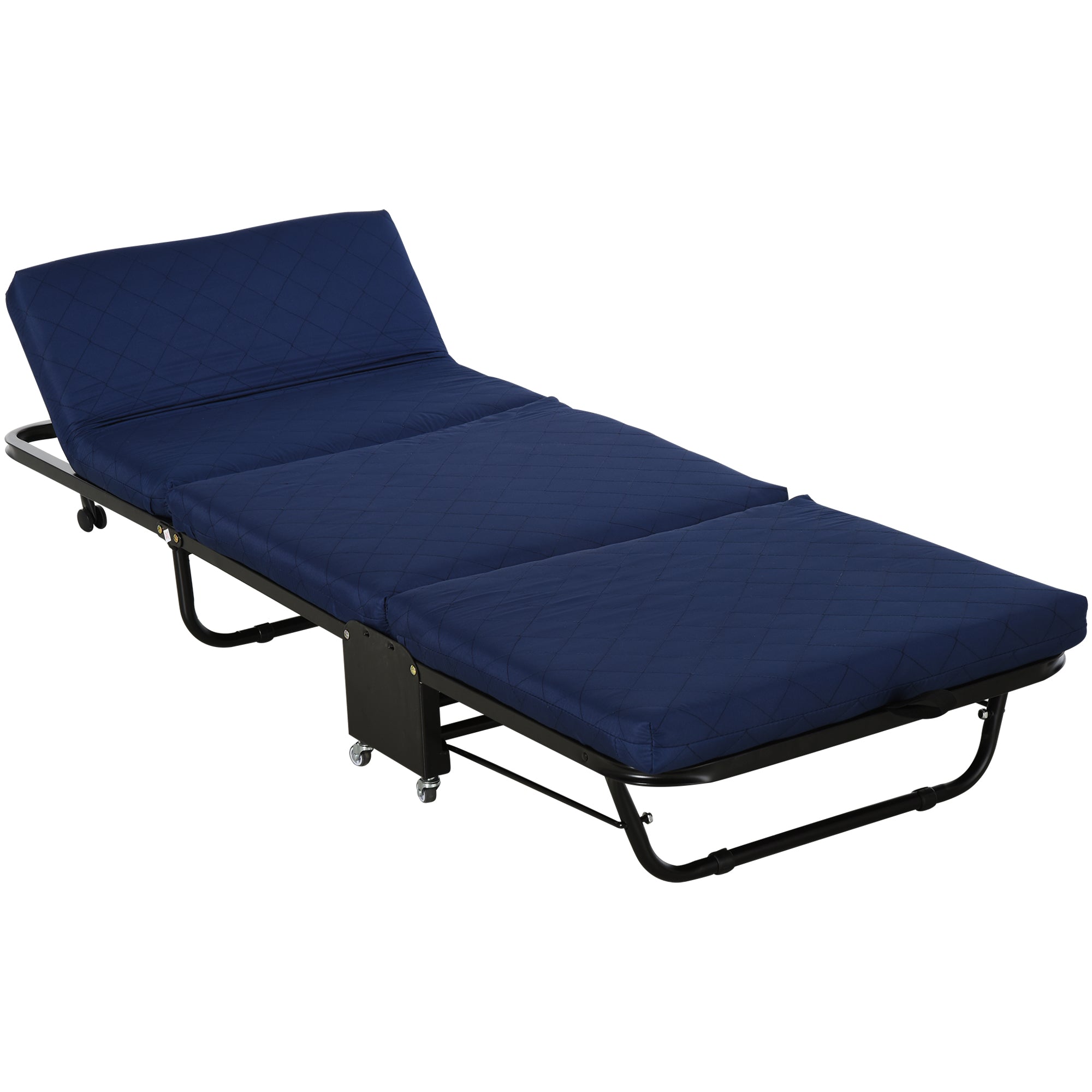 HOMCOM Klappbett 65x184 cm, Erwachsene Gästebett Klappbar mit 6 cm Dicker Schaumstoff, Reisebett mit Metallrahmen, Feldbett mit Rollen und höhenverstellbarem Kopfteil, bis 120 kg belastbar, Blau