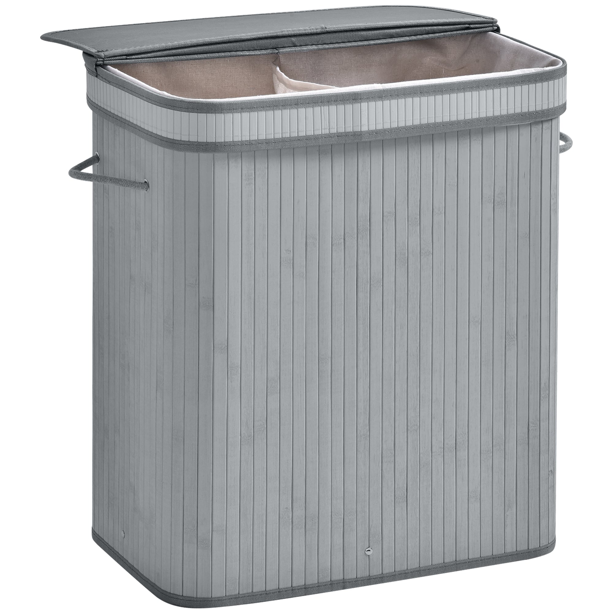HOMCOM 100 L Wäschekorb aus Bambus, mit Deckel und herausnehmbarem Innenfutter, faltbarer Kleiderkorb, wasserabweisend, Grau