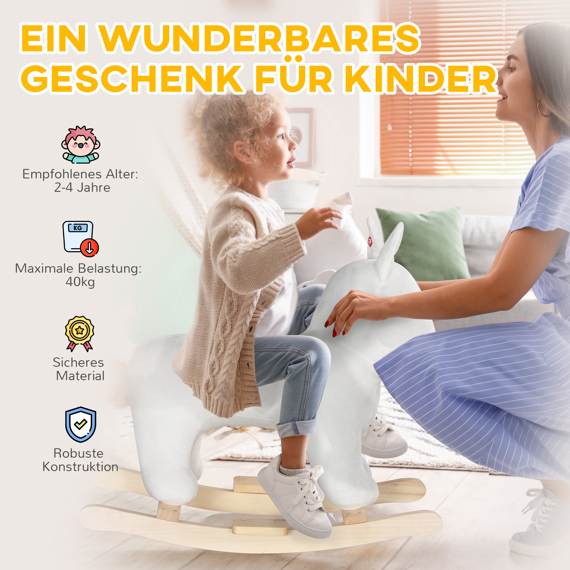 AIYAPLAY Schaukelpferd in Hundeform mit Soundfunktion, aus Holz und Metall, mit Plüschbezug, 2-4 Jahre, Weiß