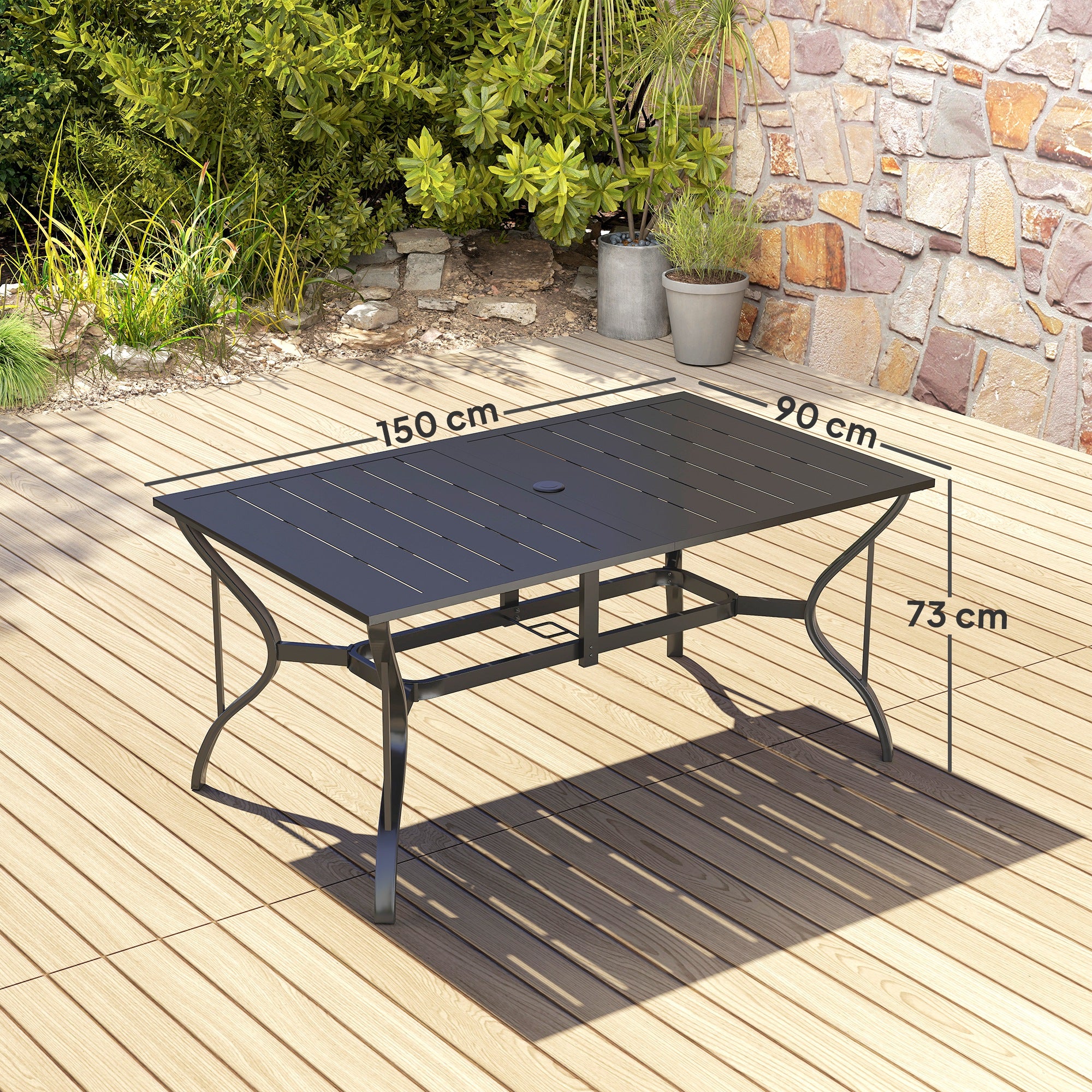 Outsunny Gartentisch Stahl 150x90 cm Wetterfest Balkontisch mit Schirmloch, Lamellen-Design für 6 Personen Schwarz