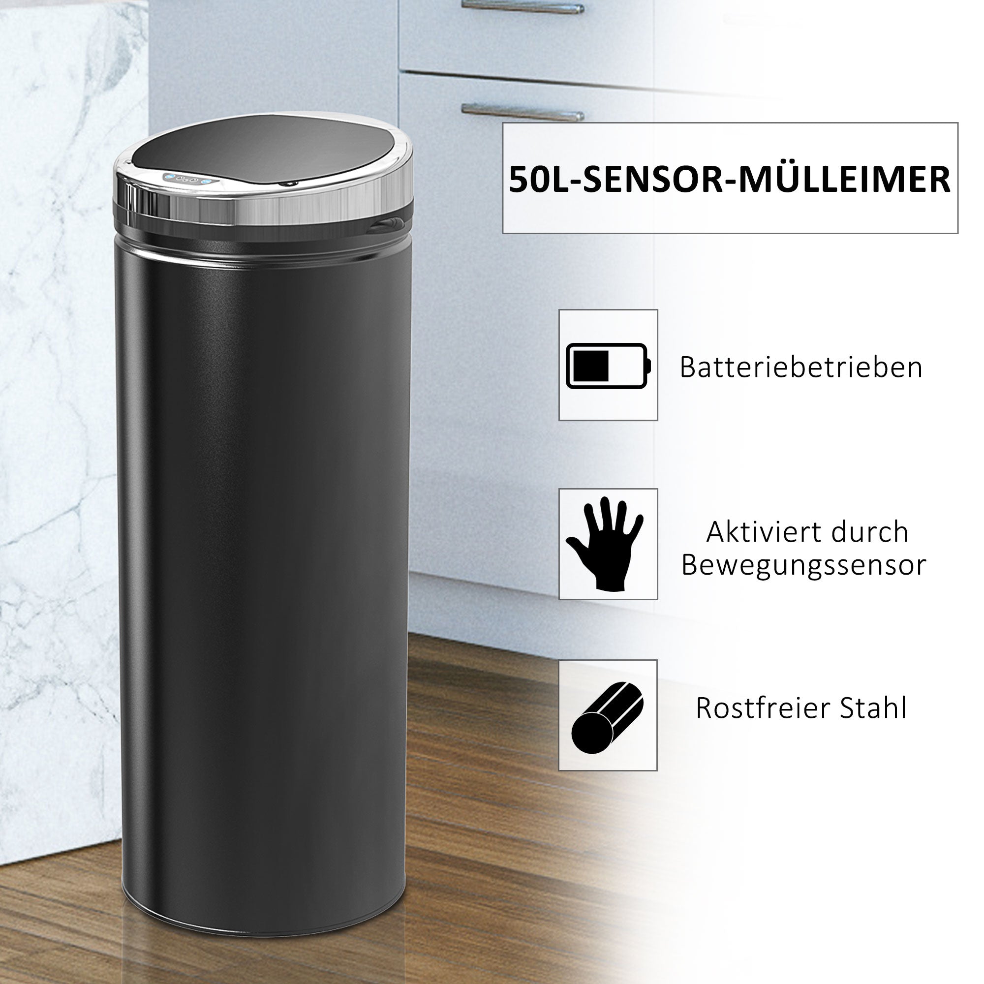 HOMCOM Abfalleimer mit Bewegungssensor, rostfreier Stahl, 30,5 cm x 30,5 cm x 81,5 cm, Schwarz