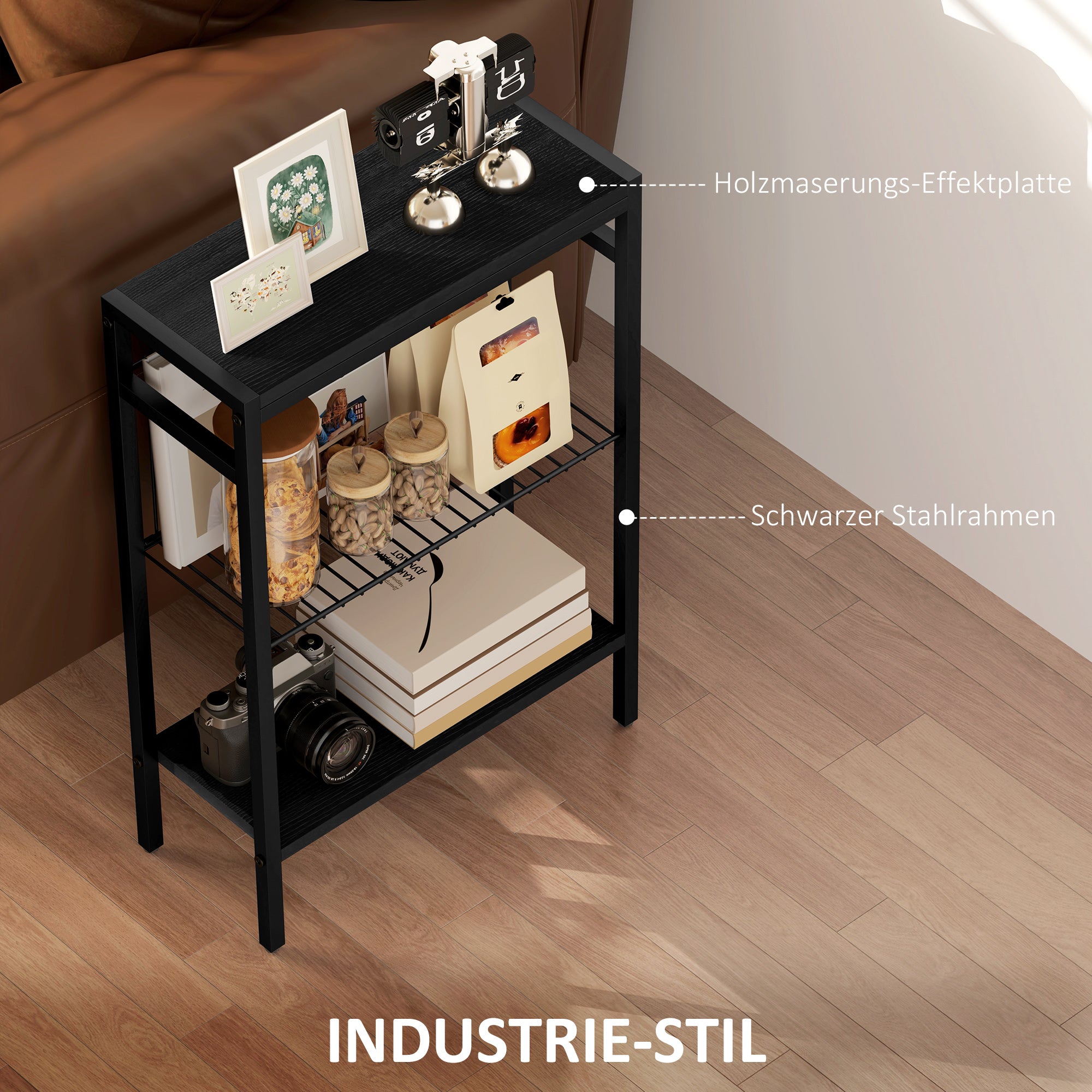 HOMCOM Beistelltisch, 3-stufiges Design, Regale in Holzoptik, Stahlrahmen, Schwarz