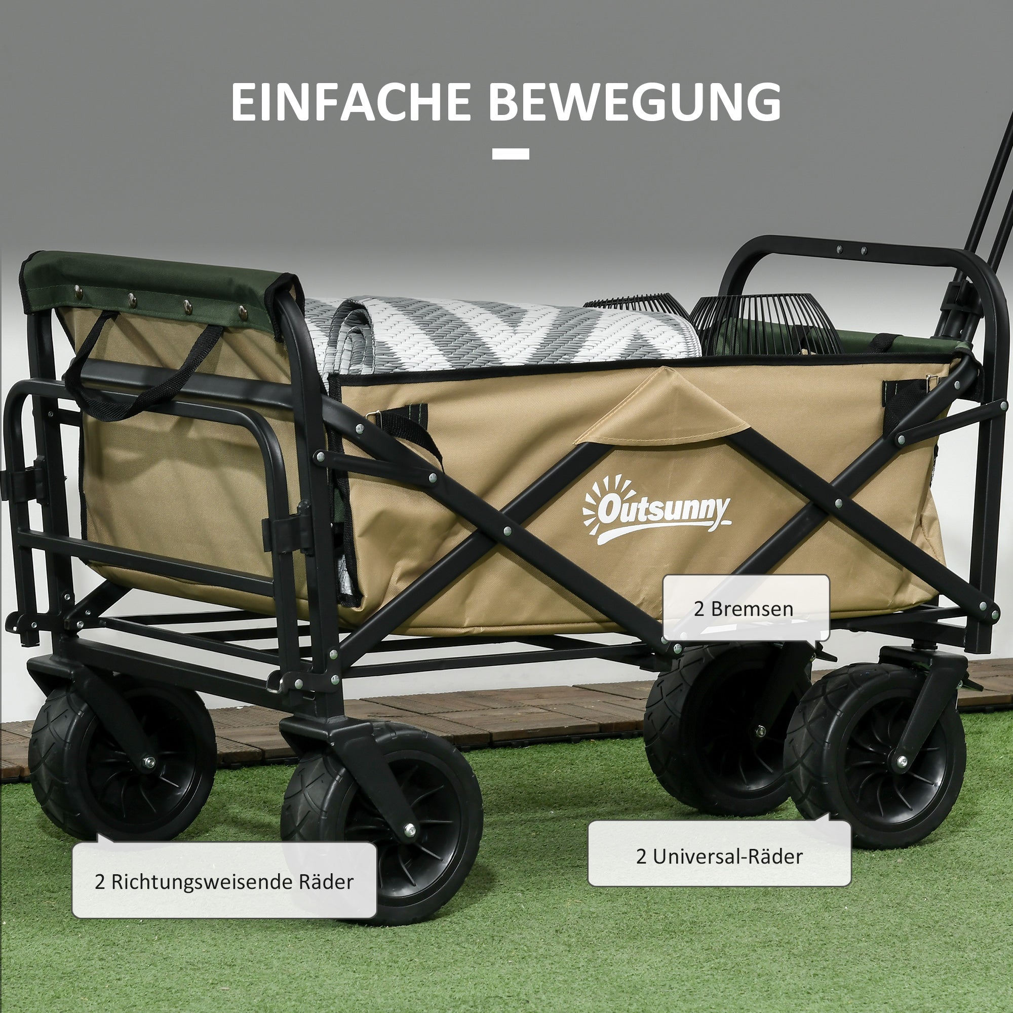 Outsunny Bollerwagen, faltbar, 110 L, bis 100 kg, Teleskopgriff, Stahlrahmen, 94 x 57 x 77-100 cm, Khaki