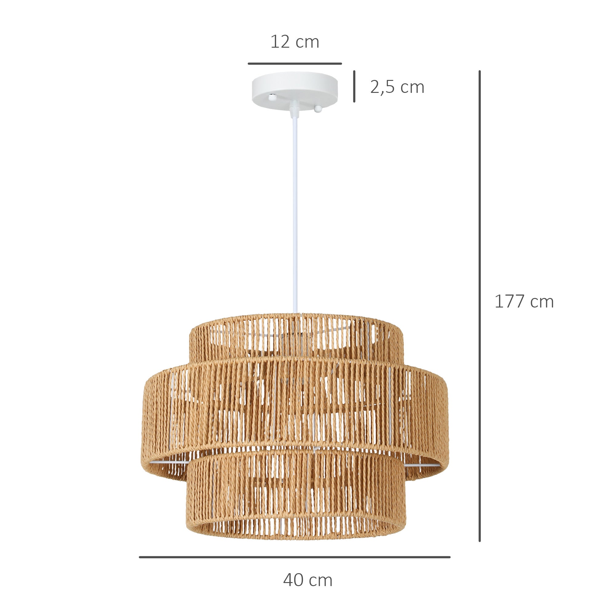 HOMCOM Hängelampe, 3-stufiger Lampenschirm, Metall, Hanfseil, Hellbraun