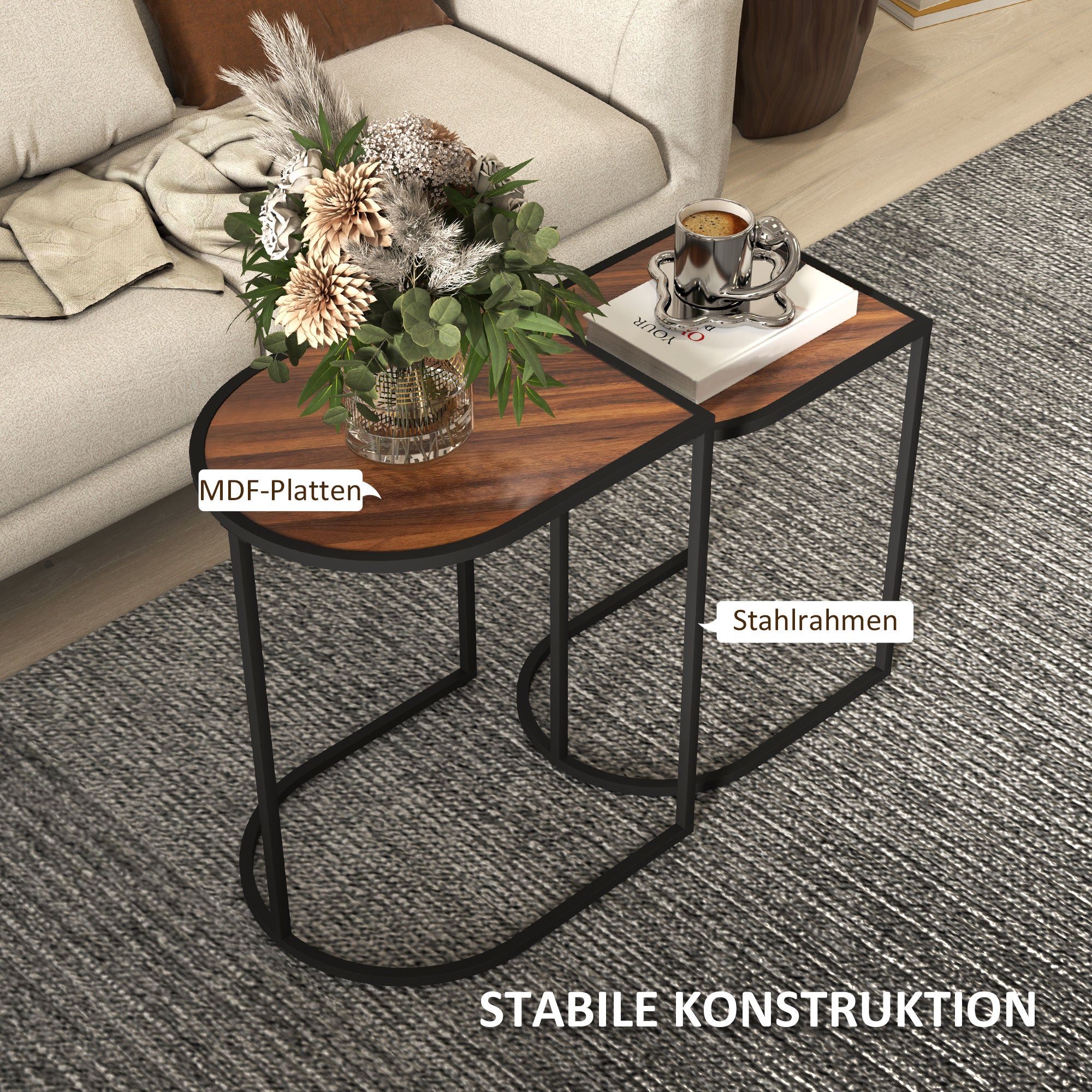 HOMCOM Satztisch-Set, Beistelltische, Metallrahmen, Tischplatte in Holzoptik, Braun