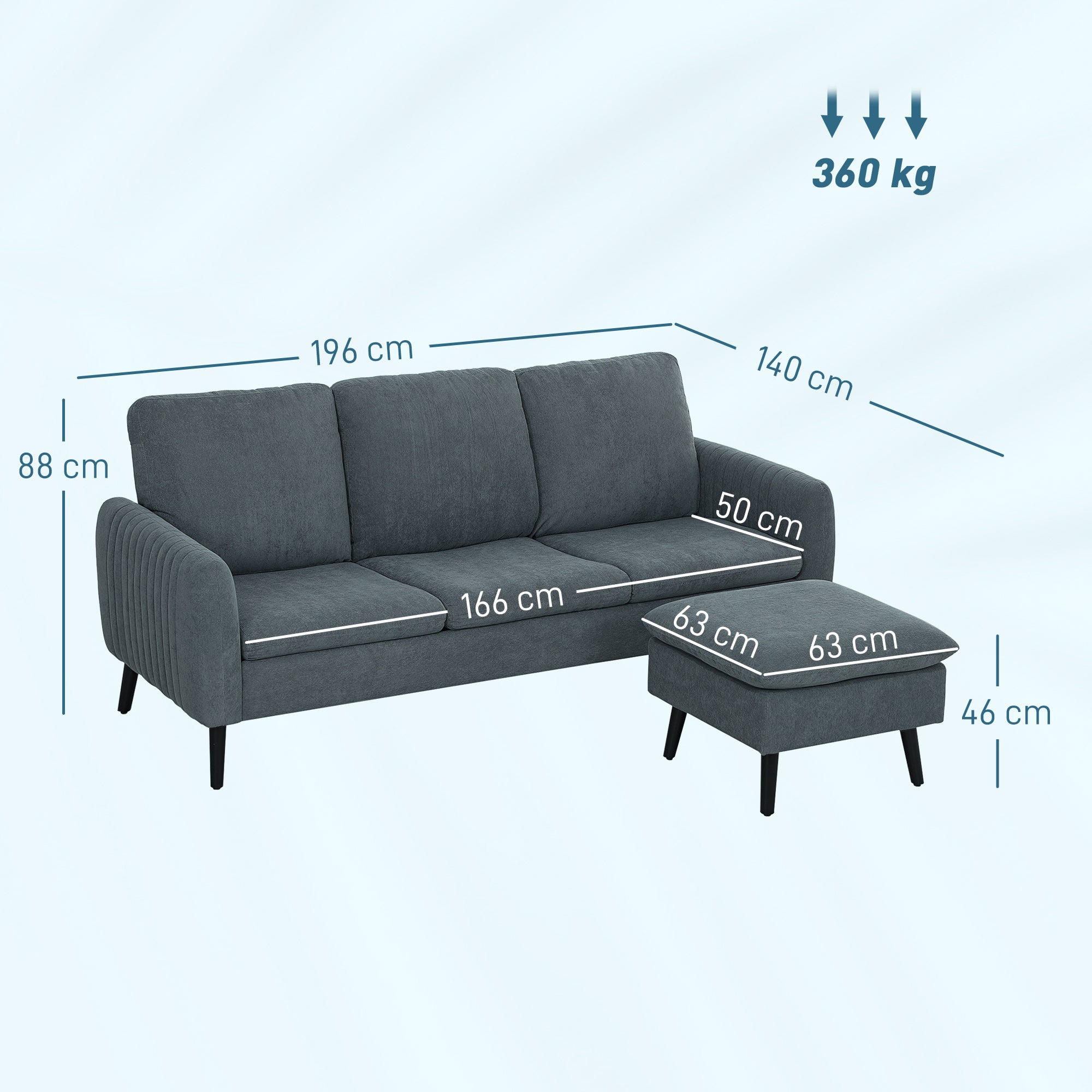 HOMCOM Ecksofa, 3-Sitzer-Sofa mit Fußhocker, Stoffbezug, L-förmiges Couch-Set, Dunkelgrau