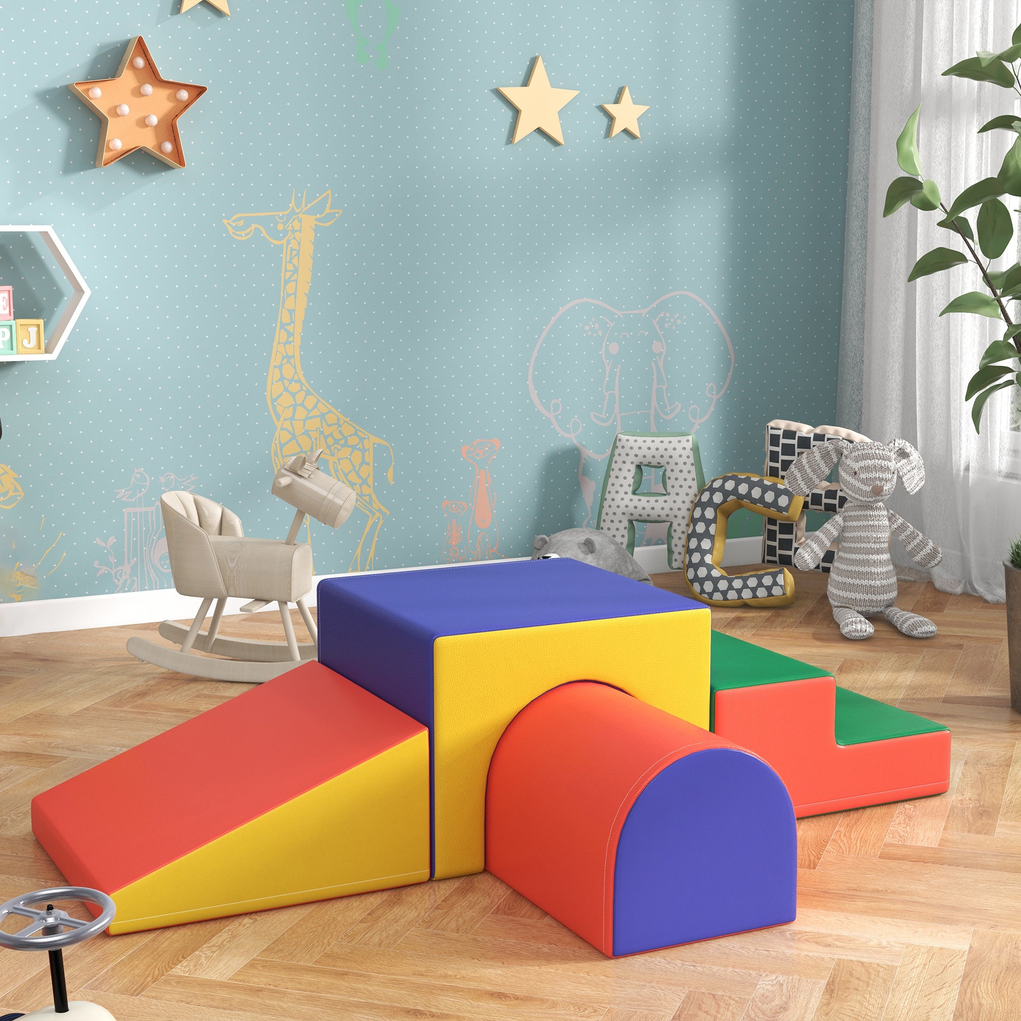 HOMCOM 4er Softbaustein-Set zum Klettern und Rutschen, Kunstlederbezug, für Kinder im Alter von 1-3 Jahren, Mehrfarbig