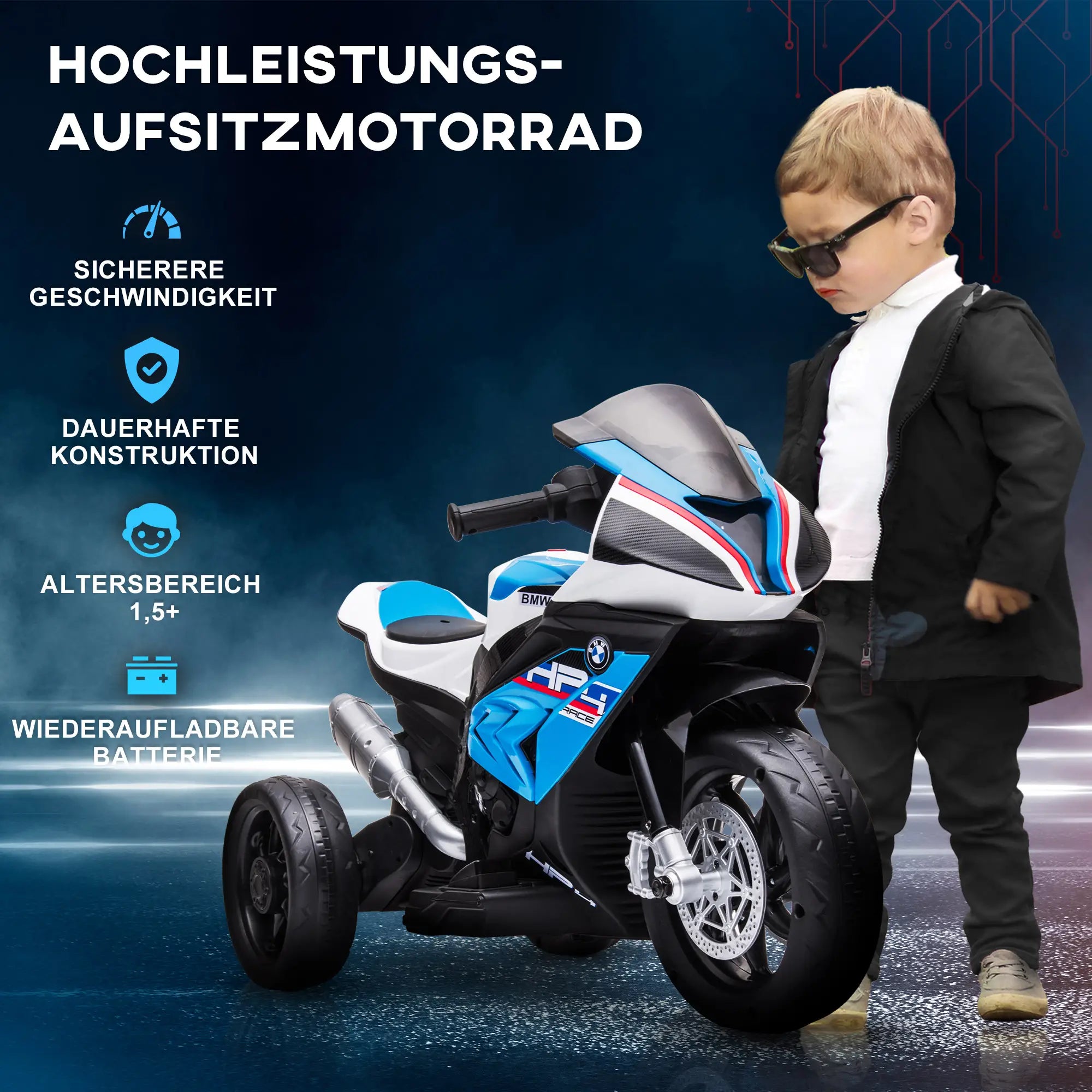 HOMCOM Kinder-Elektromotorrad 3 Musikmodi besonders sicher Blau