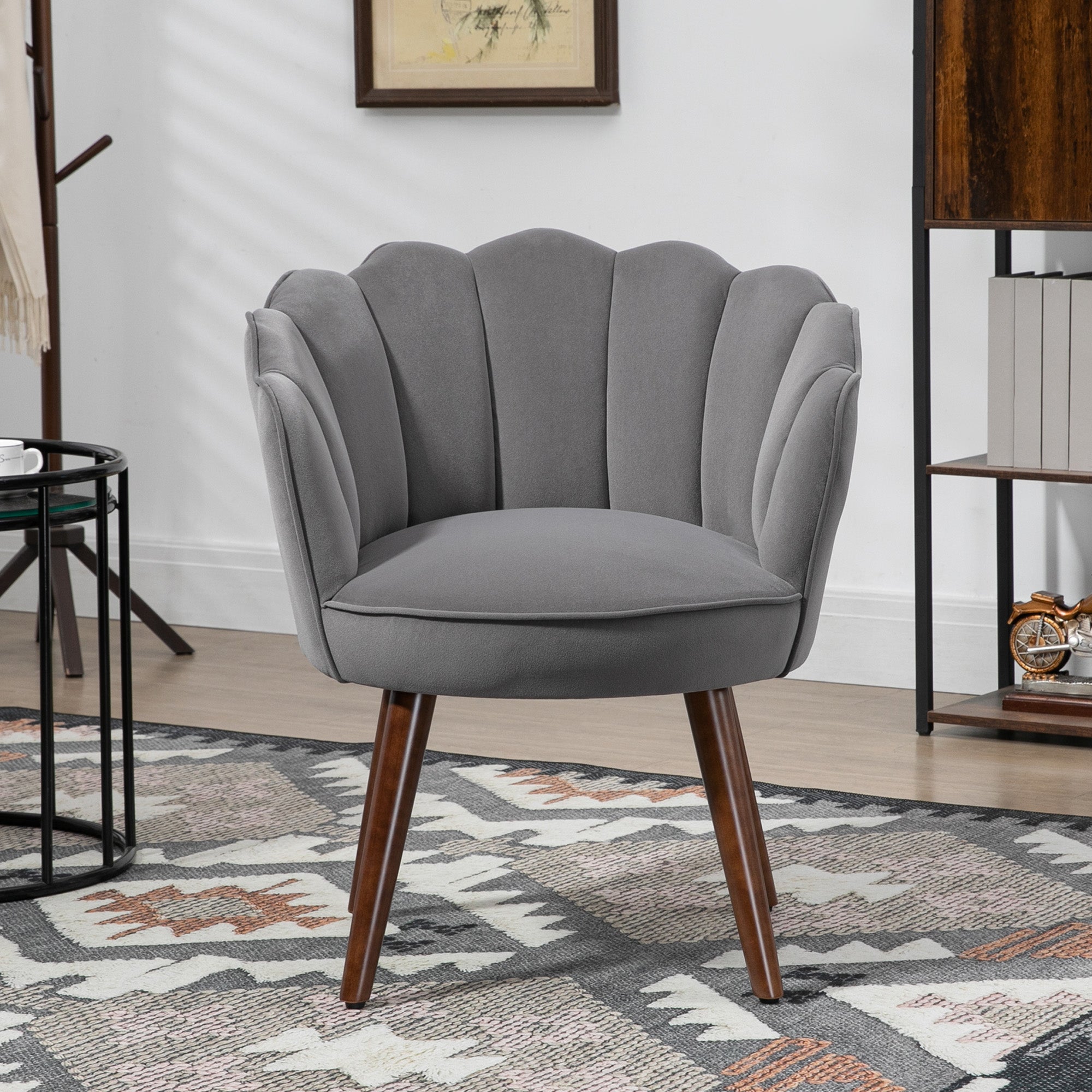 HOMCOM Sessel Wohnzimmer Loungesessel in Muschelform Relaxsessel mit Holzbeine, Polstersessel Lesesessel mit Samtoptik, Polsterstuhl für Schlafzimmer Dunkelgrau