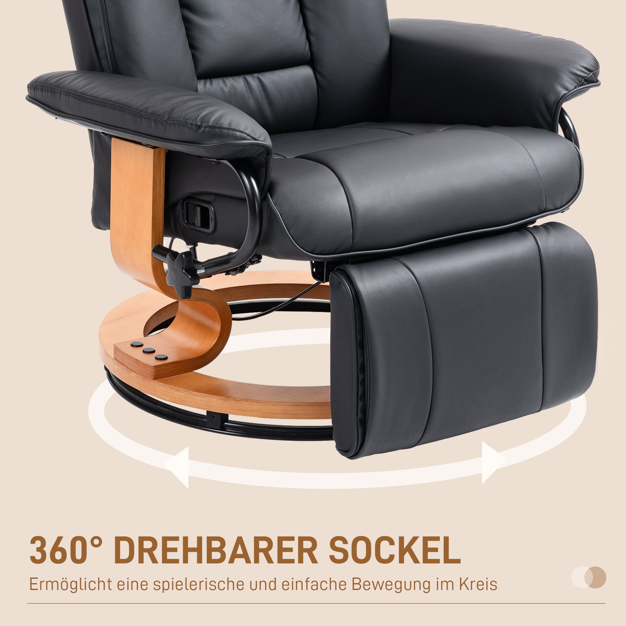 HOMCOM Relaxsessel mit Liegefunktion, drehbar, bis 150 kg, Kunstlederbezug, Stahlrahmen, Schwarz