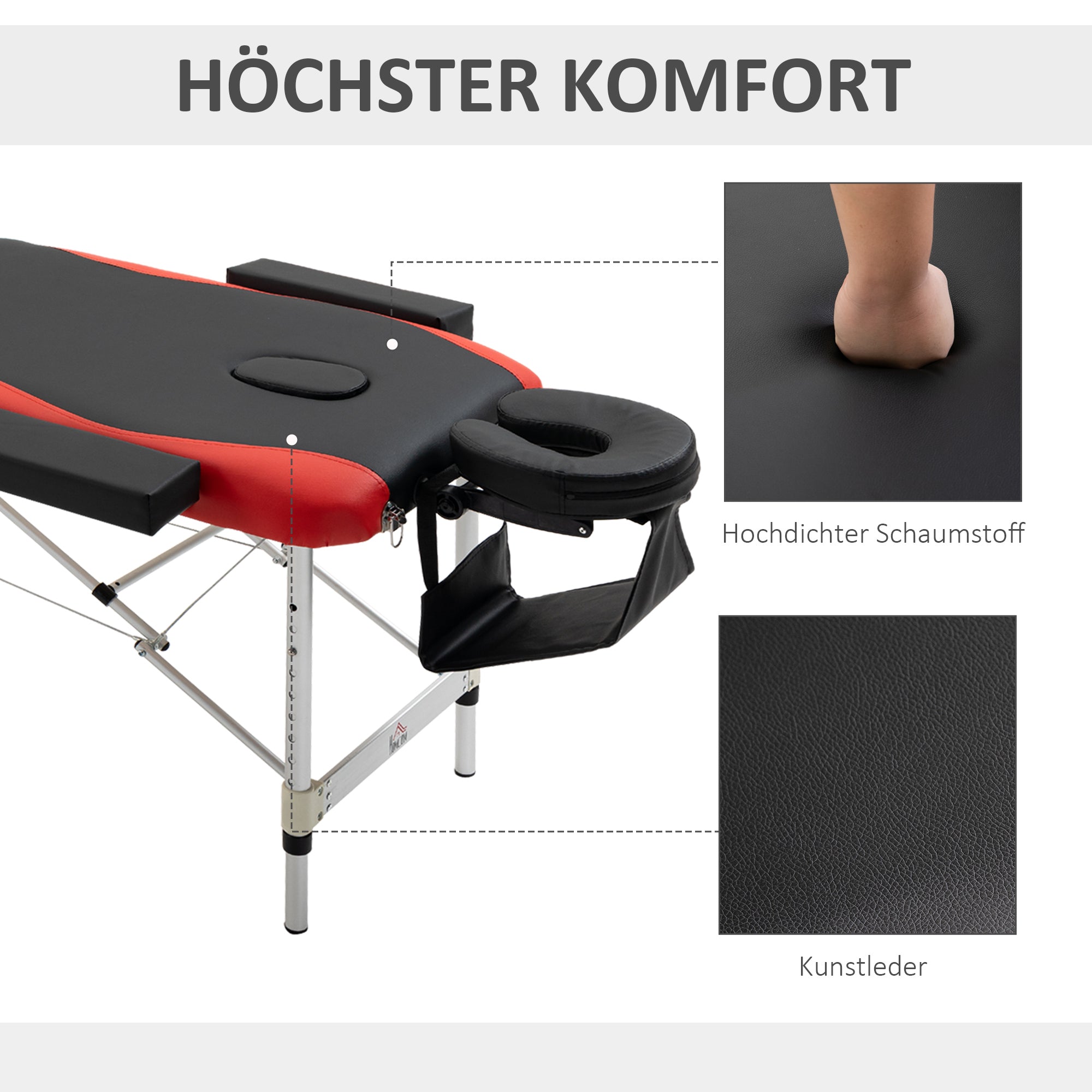 HOMCOM Massageliegen klappbar Kosmetikliegen höhenverstellbarer Massagetisch Massagebett Aluminium Schaumstoff Kunststoff Schwarz+Rot 215 x 81 x 61-84 cm