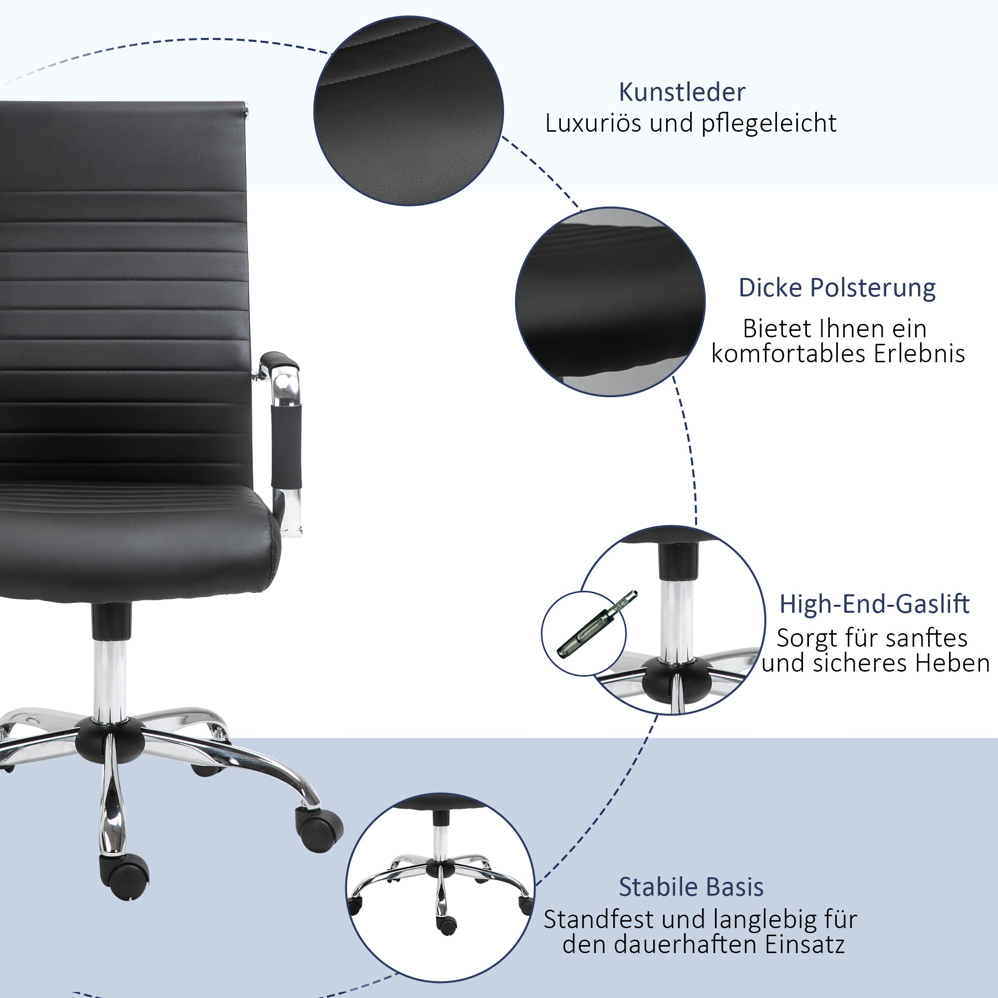 Vinsetto Bürostuhl ergonomischer Schreibtischstuhl mit Wippfunktion Chefsessel höhenverstellbarer Drehstuhl gepolstert Kunstleder Schaumstoff Schwarz 54 x 62 x 104-114 cm