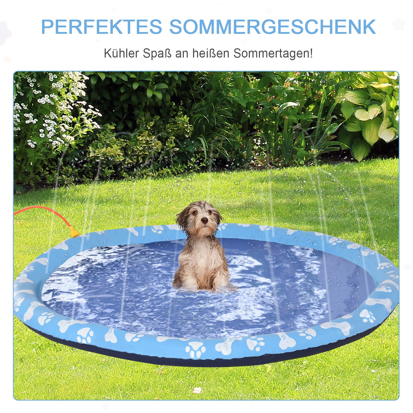 PawHut Hundepool, Planschbecken, mit Wasserdüse, rund, rutschfest, blau, Ø150 cm