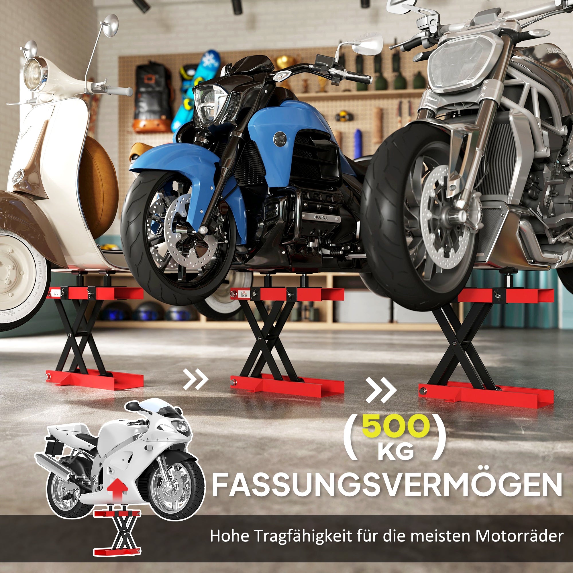 HOMCOM Motorradheber 500 kg Belastbar Motorradhebebühne 95-400 mm Höhenverstellbar 45 x 15 x 9,5-40 cm Rot