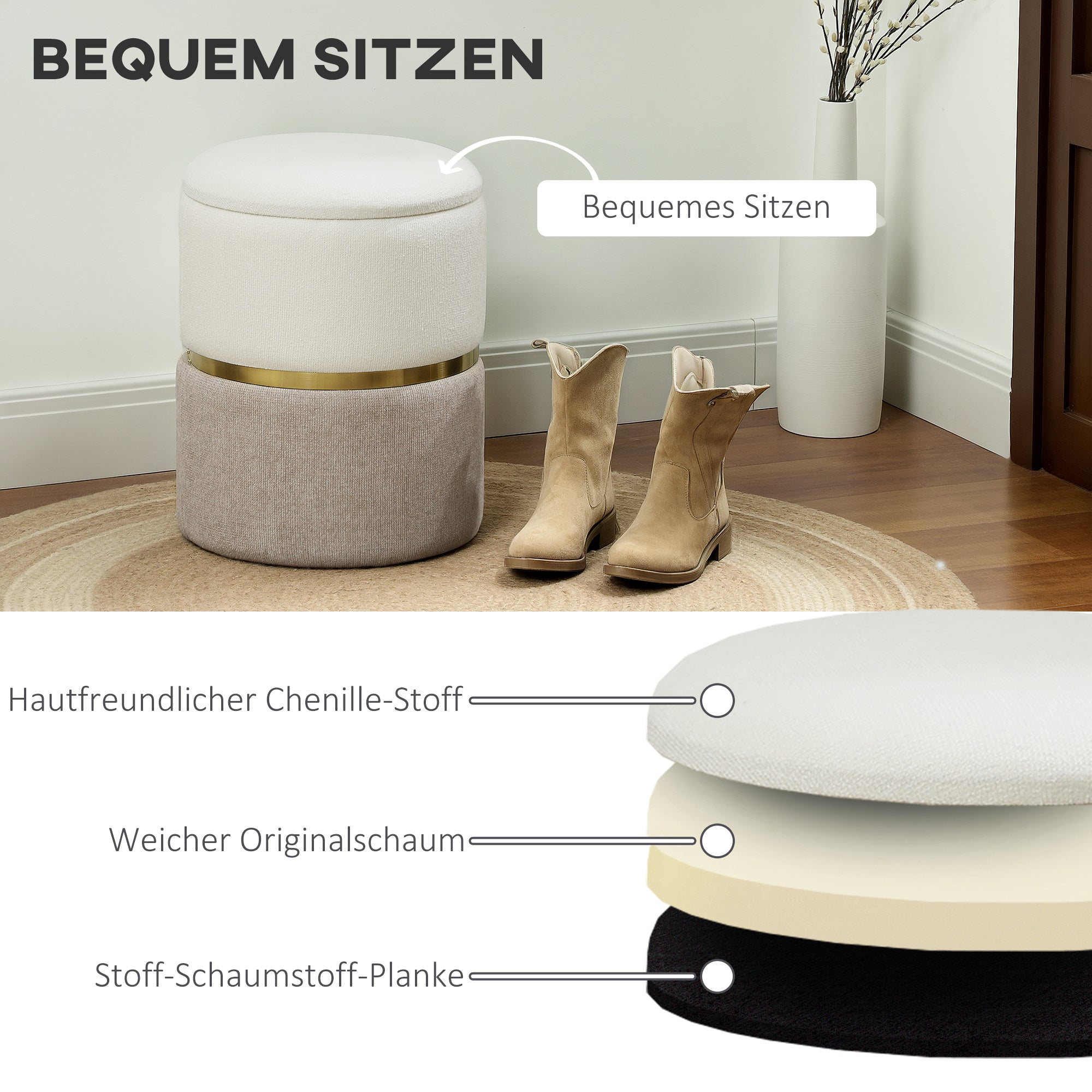 HOMCOM Sitzhocker mit Stauraum Hocker mit Deckel, Metallring, zweifarbig Design 36 x 36 x 44 cm Cremeweiß
